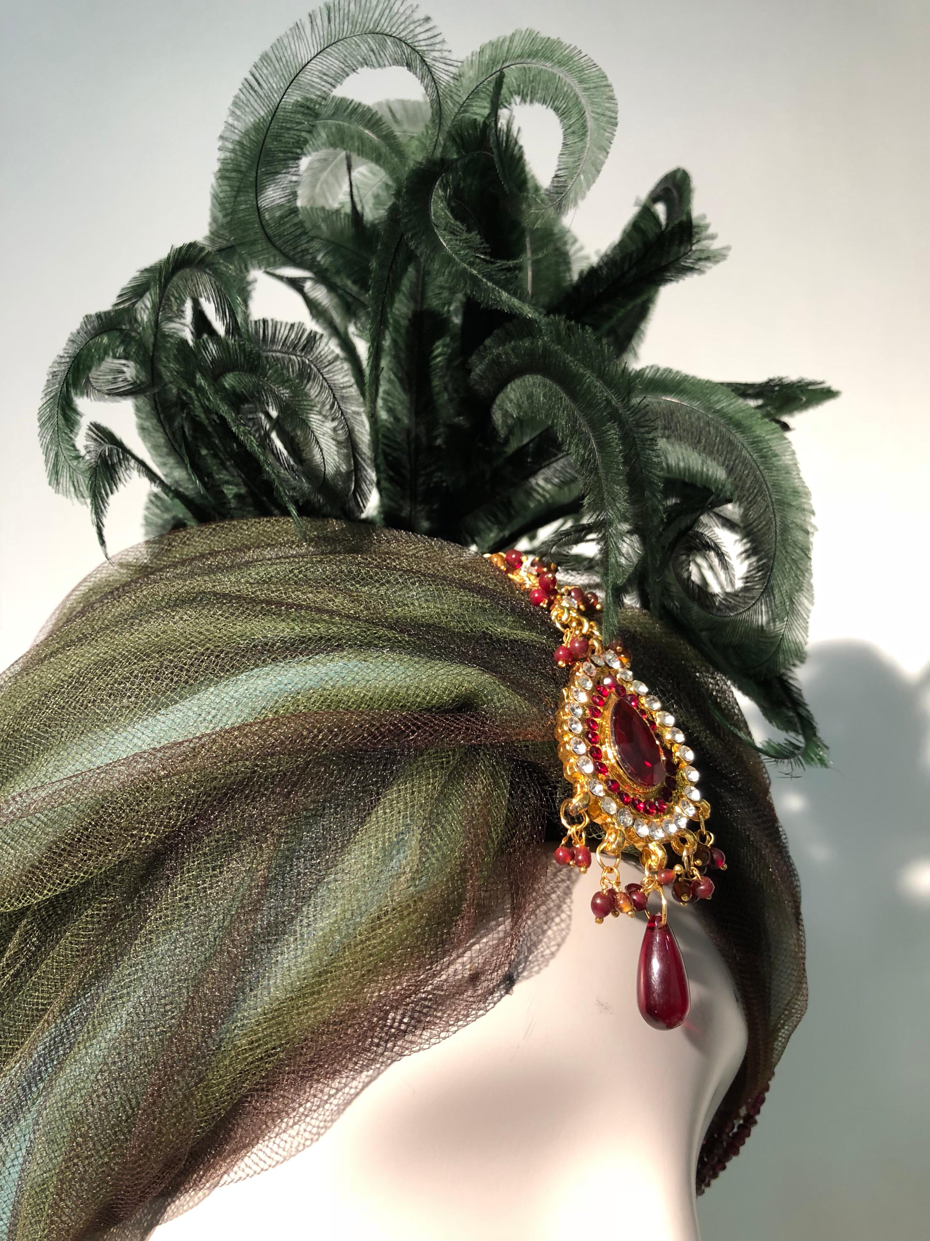 Women's or Men's Tulle Turban With Curled Feathers and Authentic Indian Bib Necklace, 1960s 
