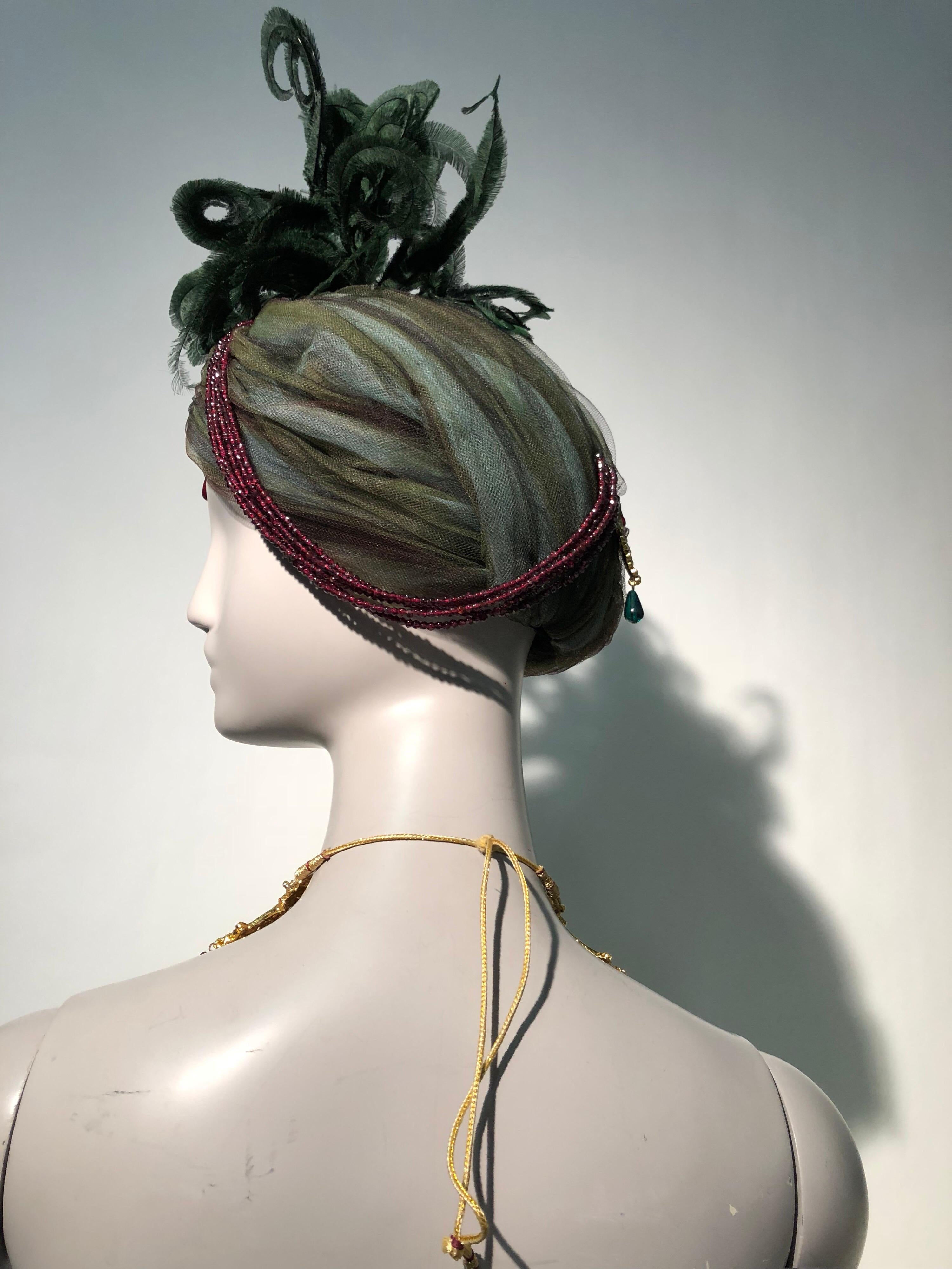 Tulle Turban With Curled Feathers and Authentic Indian Bib Necklace, 1960s  1