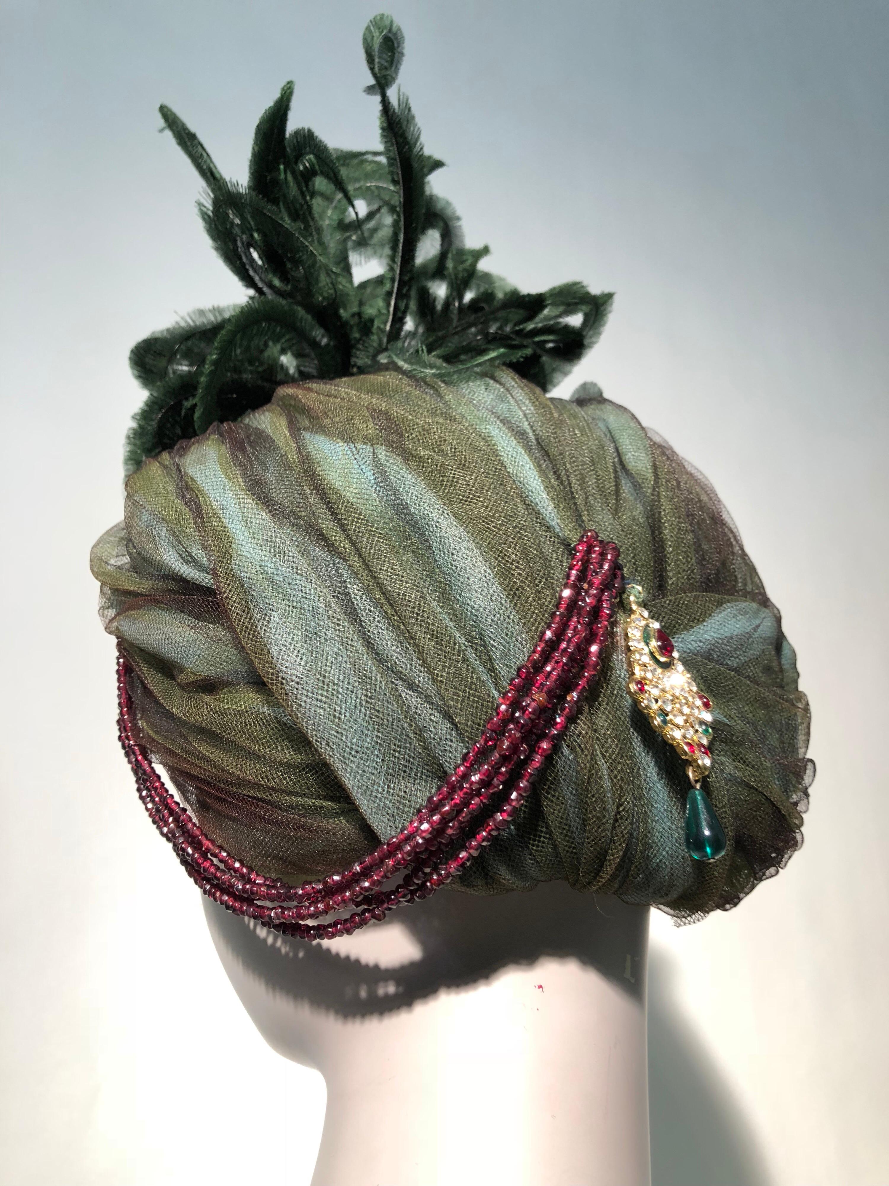Tulle Turban With Curled Feathers and Authentic Indian Bib Necklace, 1960s  3