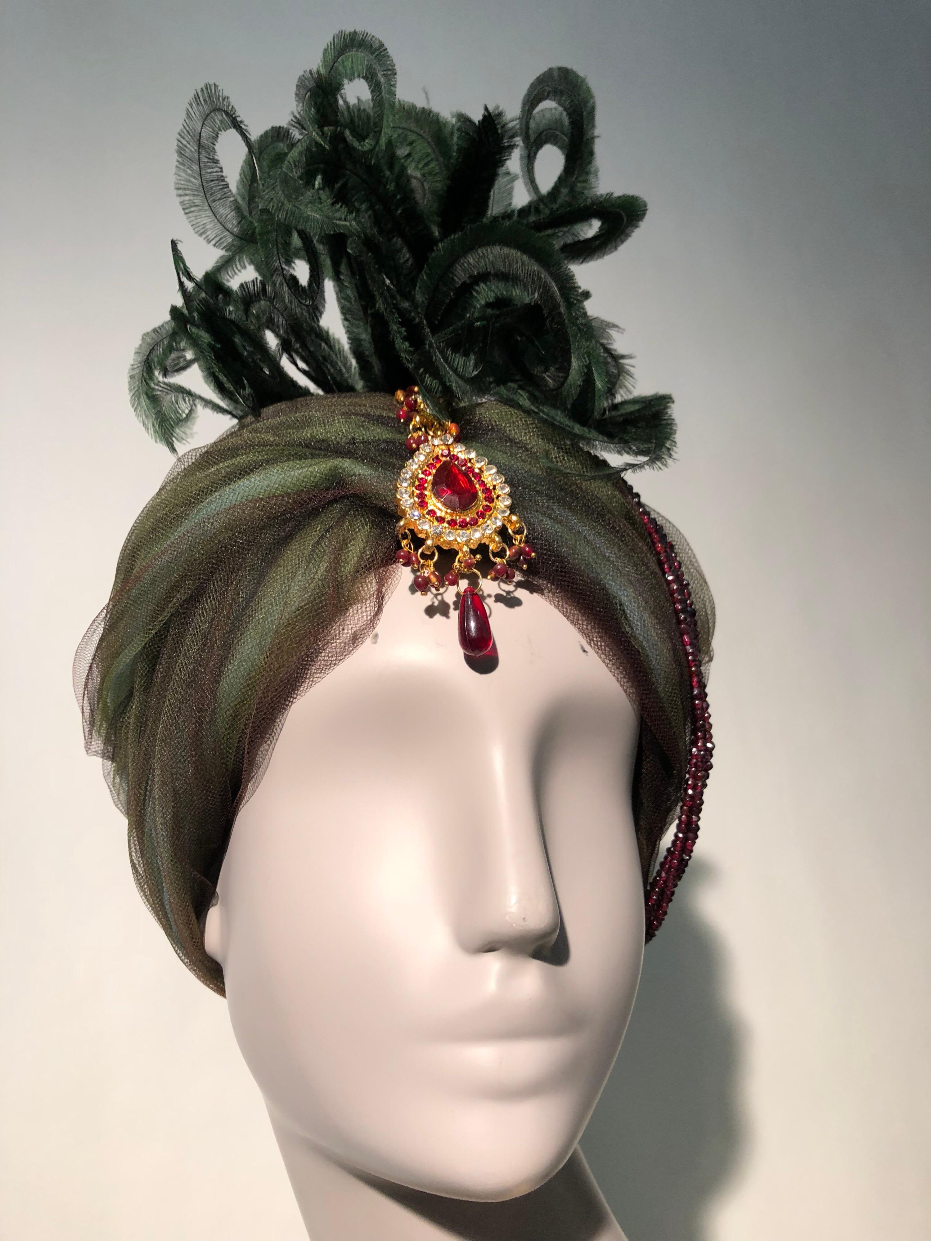 Tulle Turban With Curled Feathers and Authentic Indian Bib Necklace, 1960s  5
