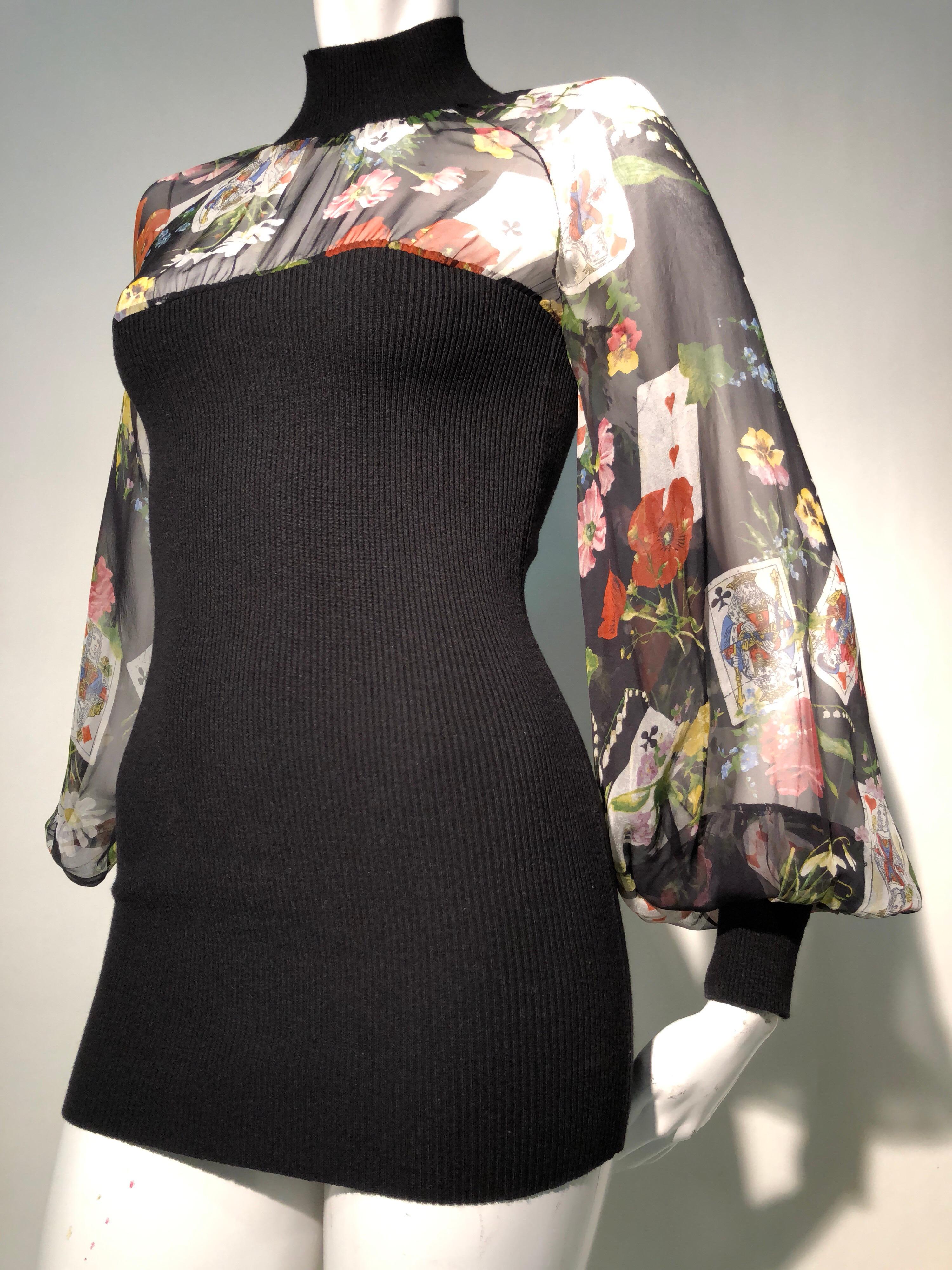 Christian Dior Black Mini Dress with Floral and Playing Card Chiffon Top, 1990s 1