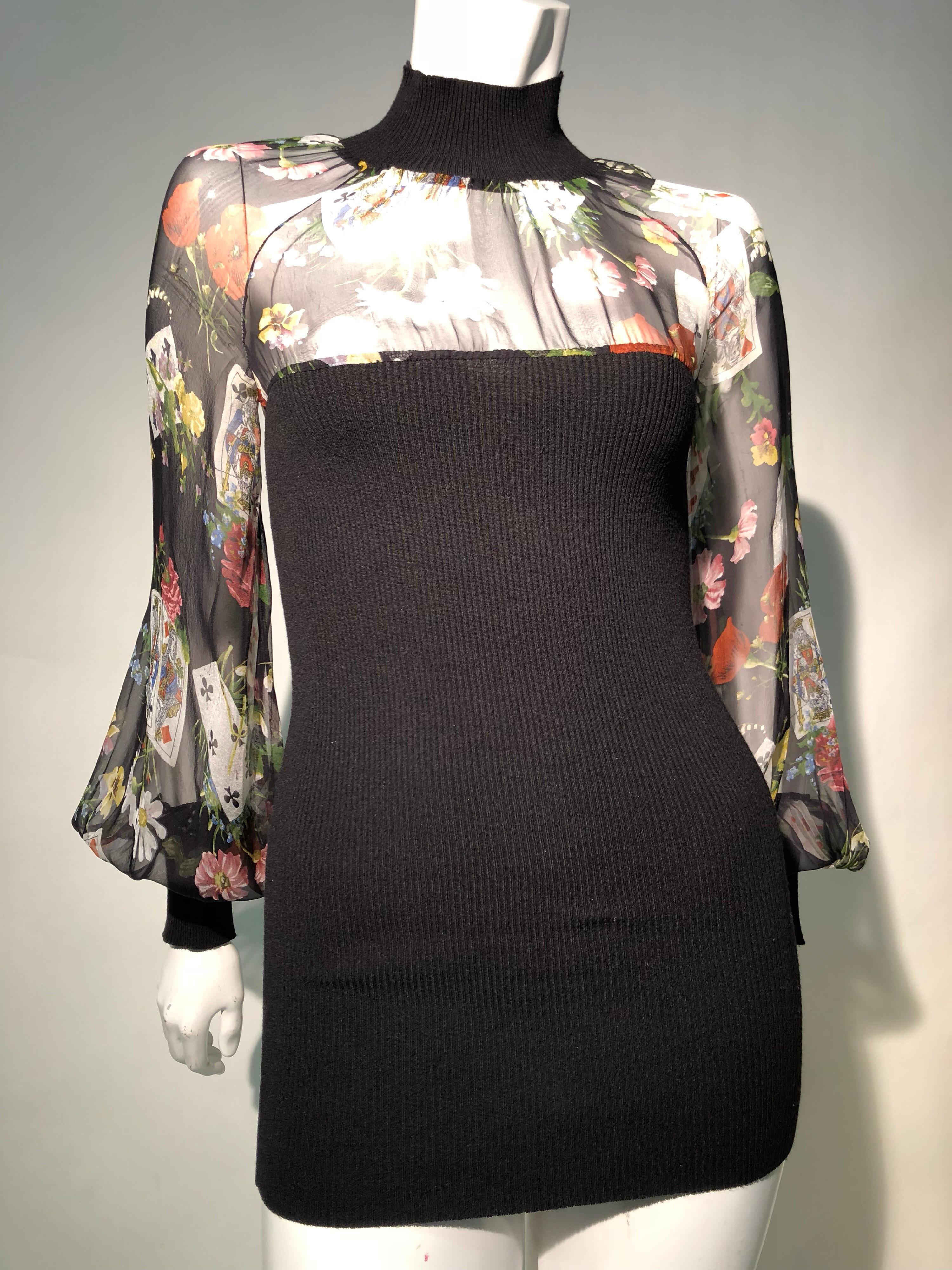 Christian Dior Black Mini Dress with Floral and Playing Card Chiffon Top, 1990s 3