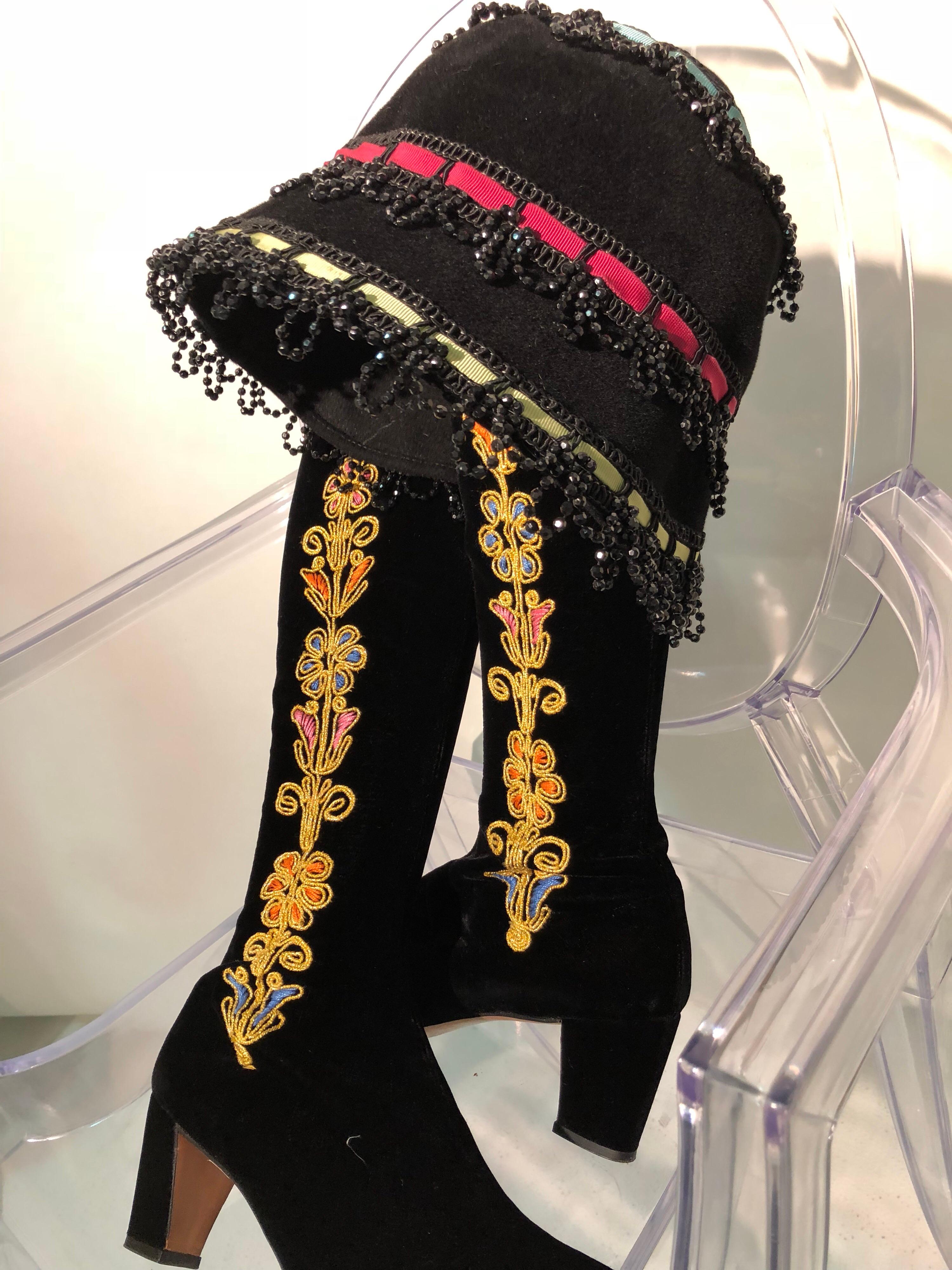 Women's Black Velvet Knee-High Boots With Romantic Floral Cord Embroidery, 1960s  