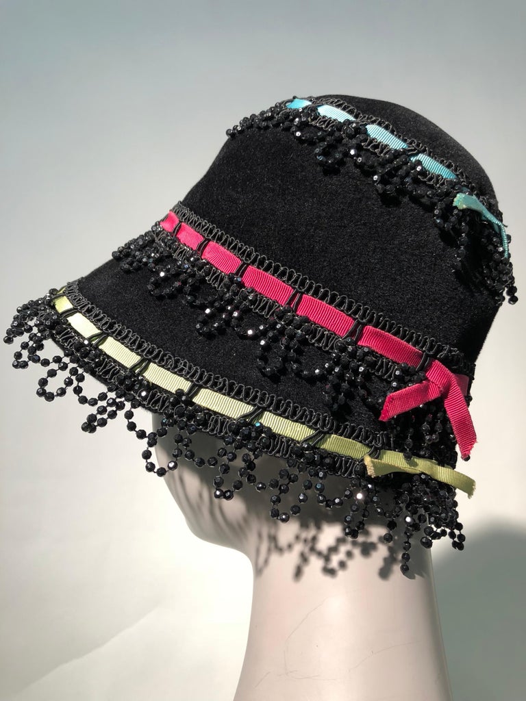 Yves Saint Laurent Black Felt Bucket Hat With Color Ribbons and Bead Trim, 1960s at 1stDibs