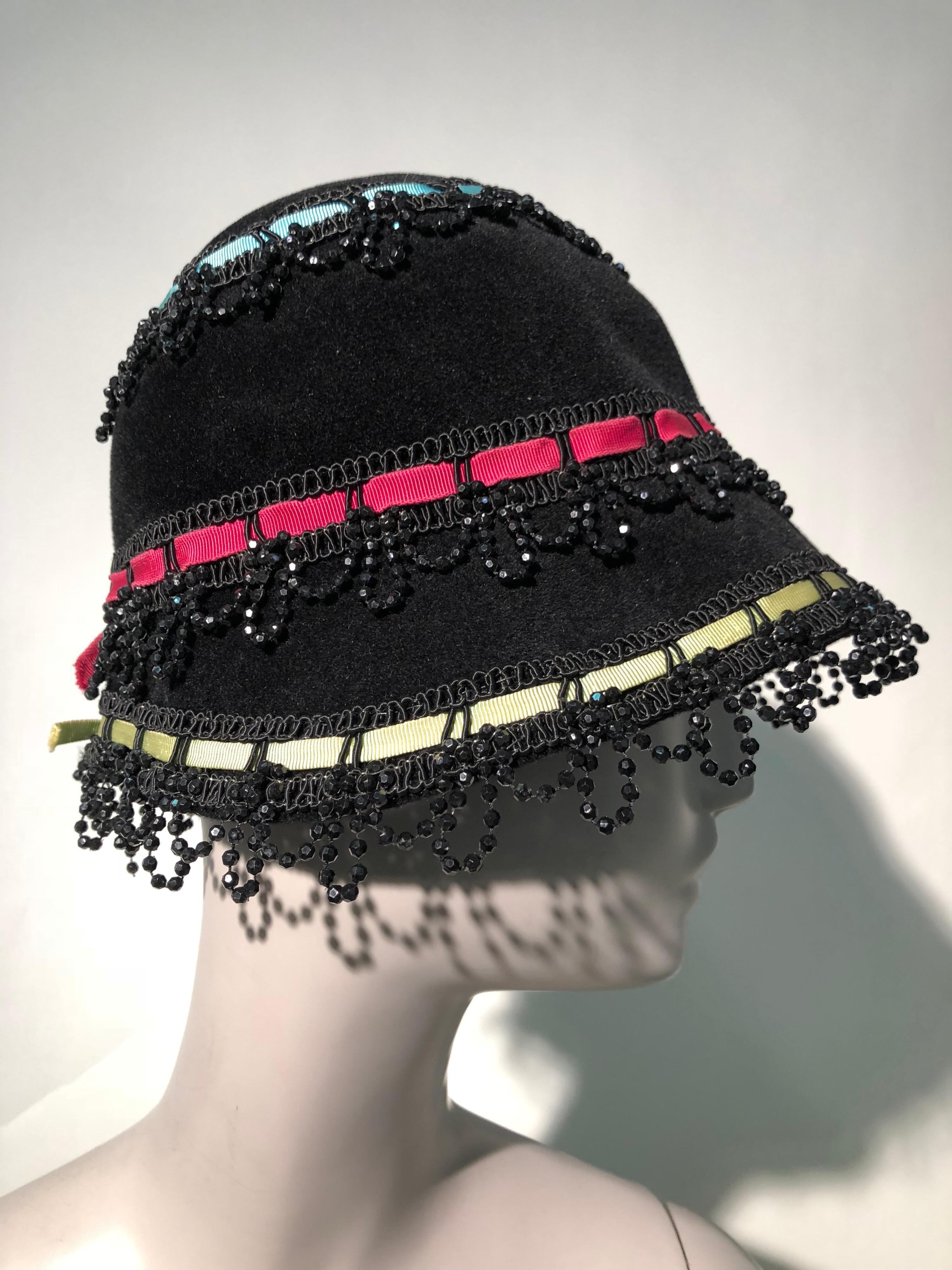 Yves Saint Laurent Black Felt Bucket Hat With Color Ribbons and Bead Trim, 1960s In Excellent Condition In Gresham, OR