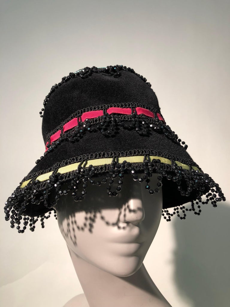 Yves Saint Laurent Black Felt Bucket Hat With Color Ribbons and Bead Trim, 1960s at 1stDibs
