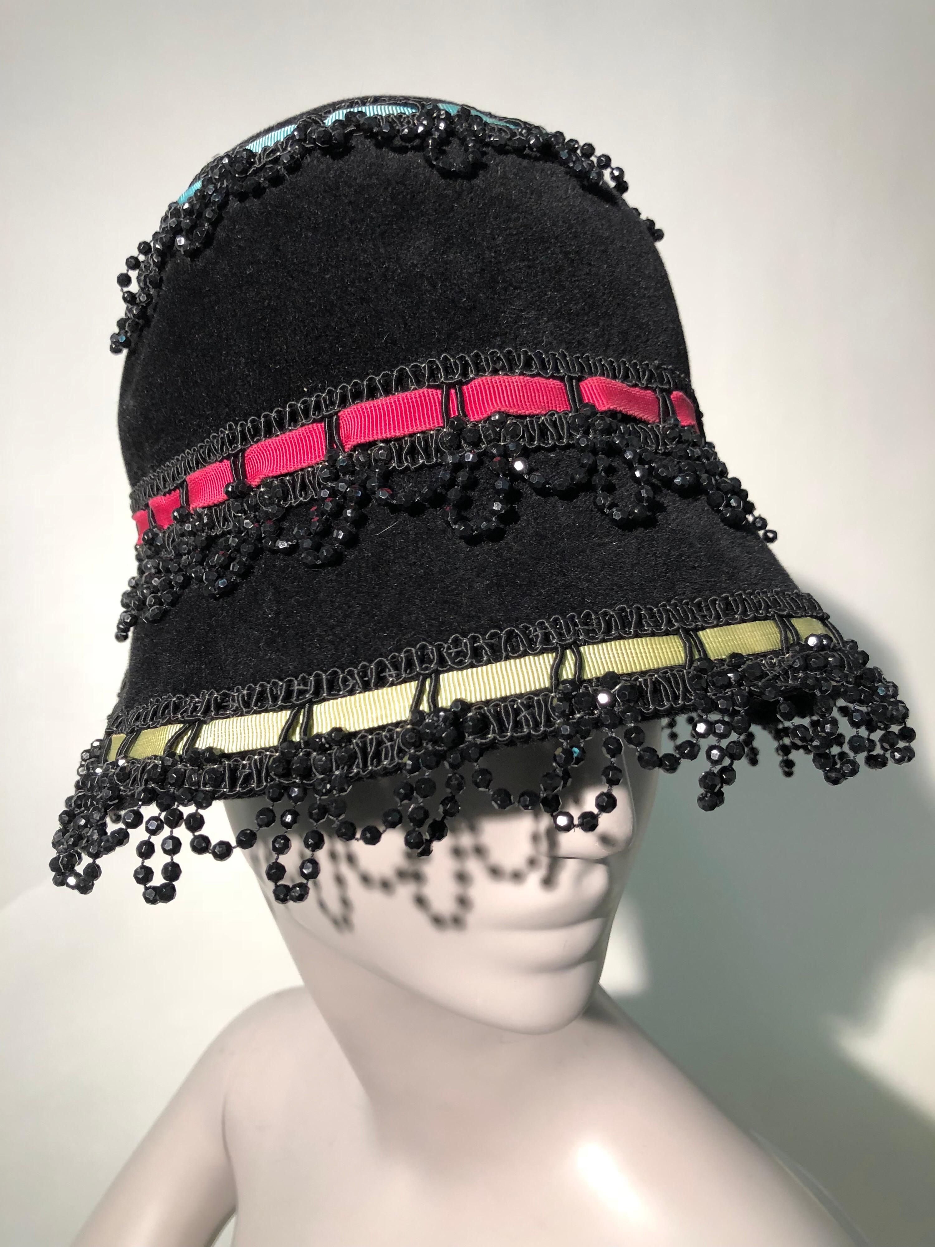 Yves Saint Laurent Black Felt Bucket Hat With Color Ribbons and Bead Trim, 1960s 1