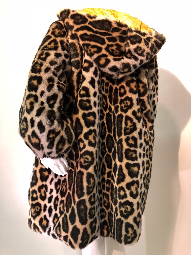 Escada Faux Leopard Fur Swing Coat With Hood and Gold Quilted Lining ...