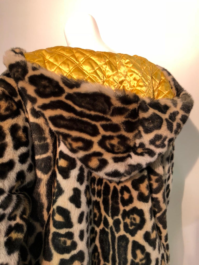 Escada Faux Leopard Fur Swing Coat With Hood and Gold Quilted Lining