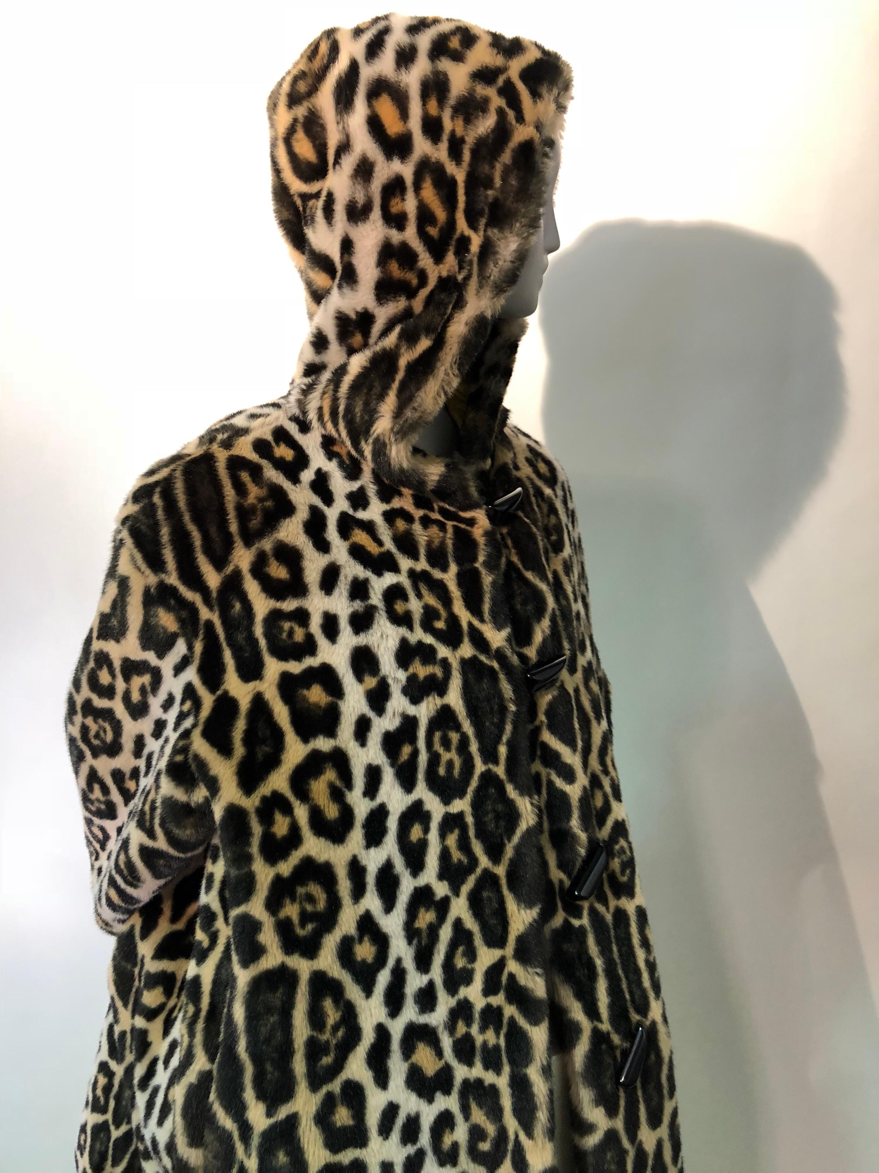 Black Escada Faux Leopard Fur Swing Coat With Hood and Gold Quilted Lining, 1980s 