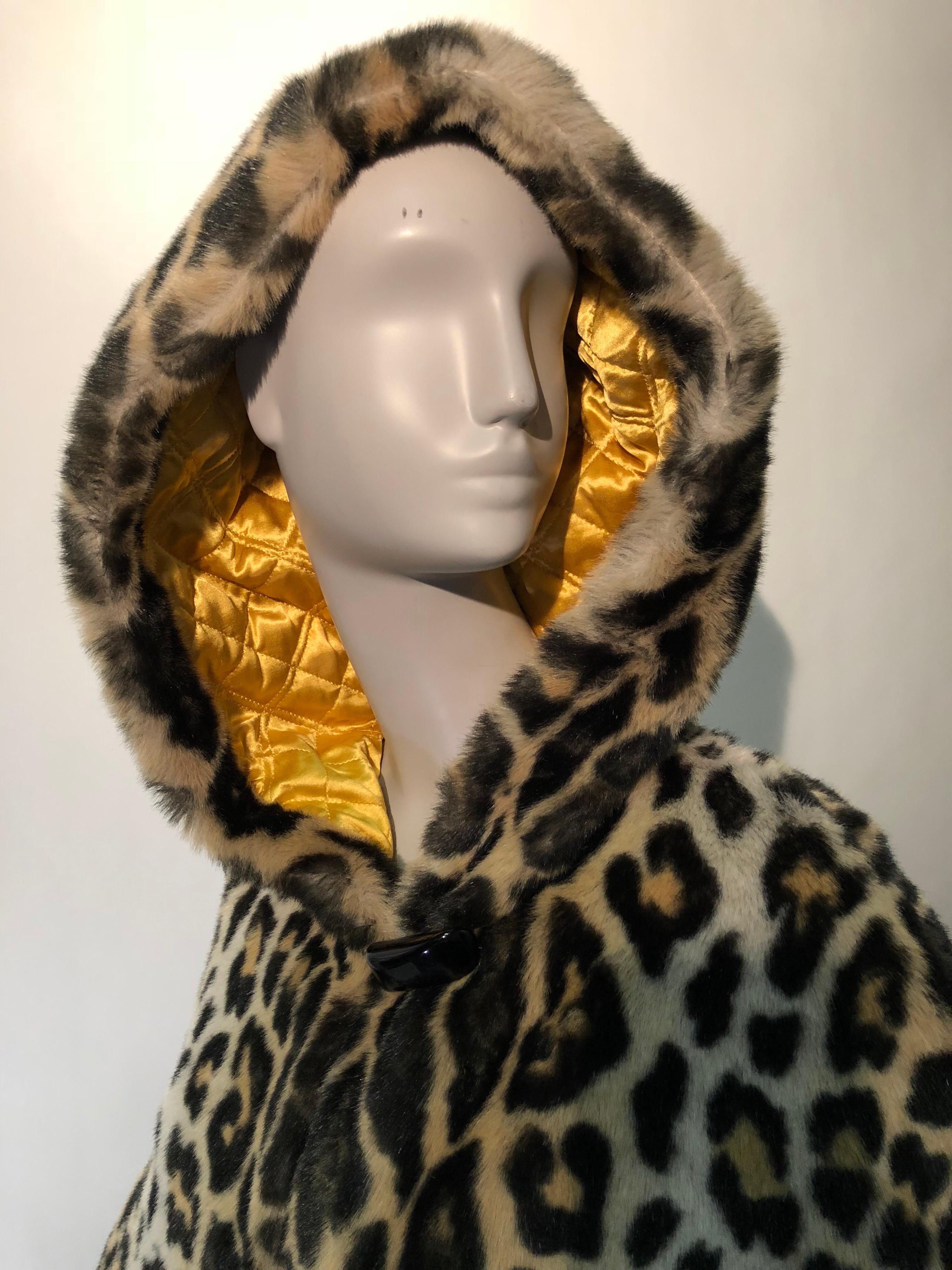 Escada Faux Leopard Fur Swing Coat With Hood and Gold Quilted Lining, 1980s  In Excellent Condition In Gresham, OR