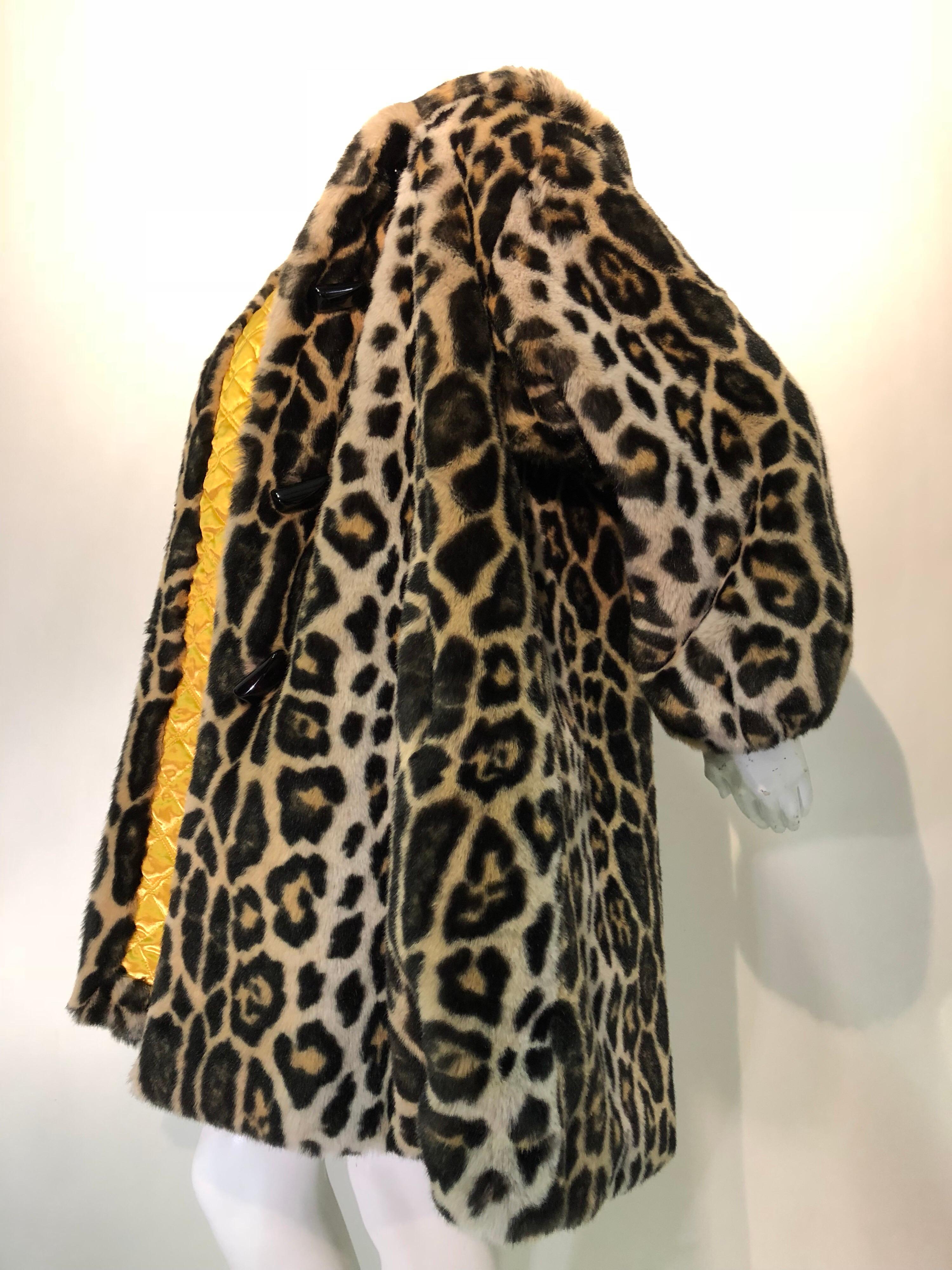 Women's Escada Faux Leopard Fur Swing Coat With Hood and Gold Quilted Lining, 1980s 