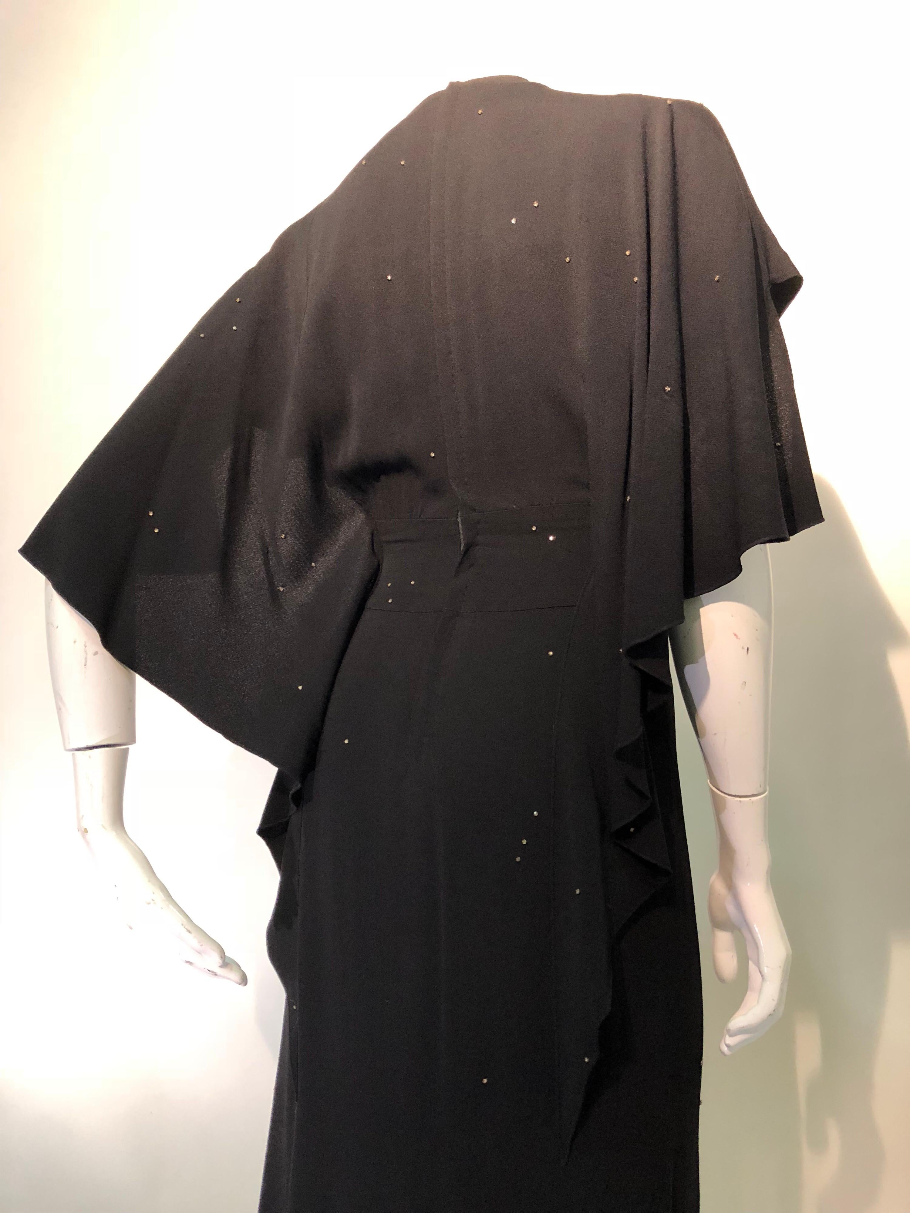 Gilbert Adrian Black Crepe Gown With Shoulder Drape / Back and Front Slit, 1940 In Excellent Condition For Sale In Gresham, OR