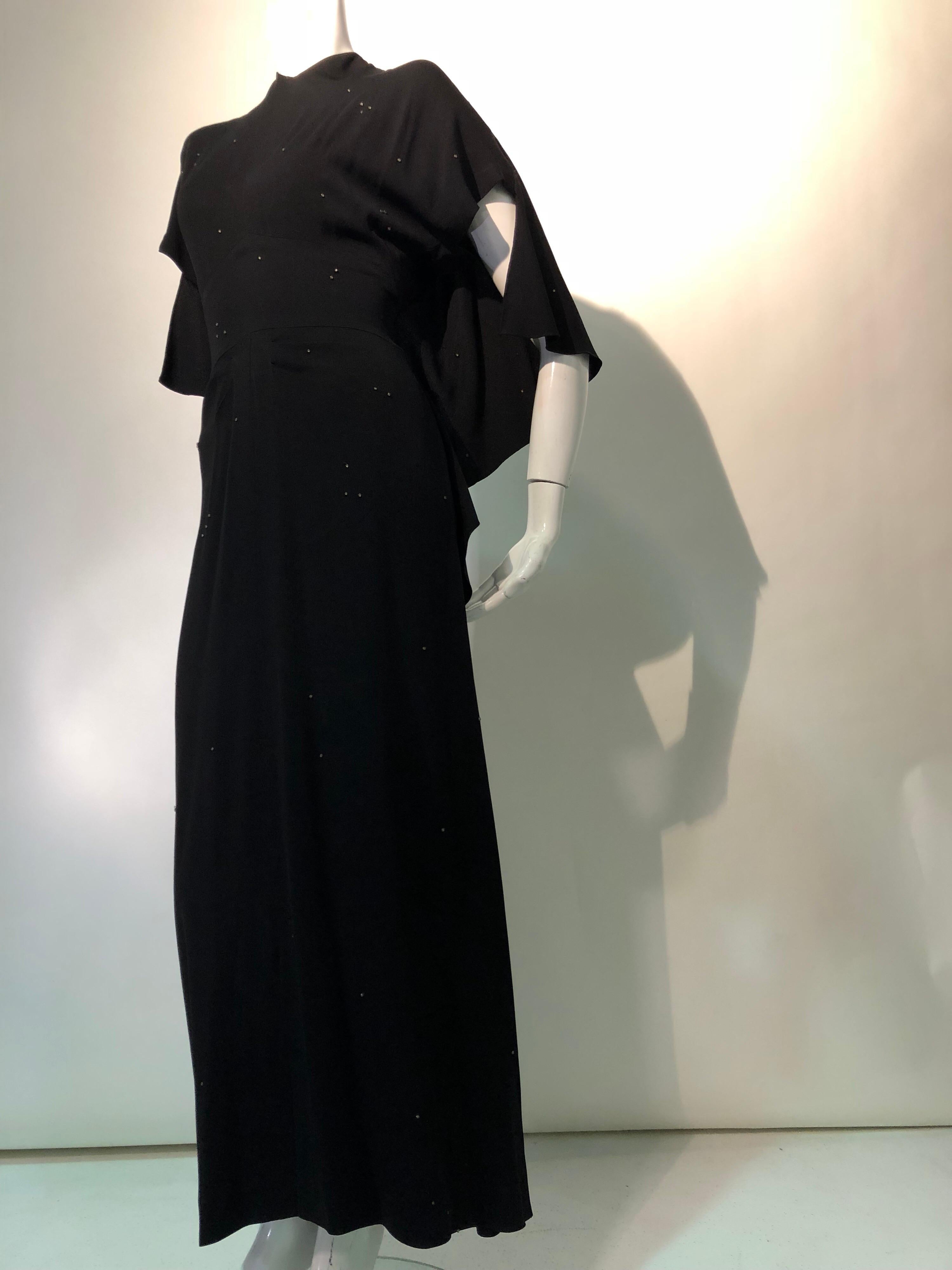 Gilbert Adrian Black Crepe Gown With Shoulder Drape / Back and Front Slit, 1940 For Sale 1