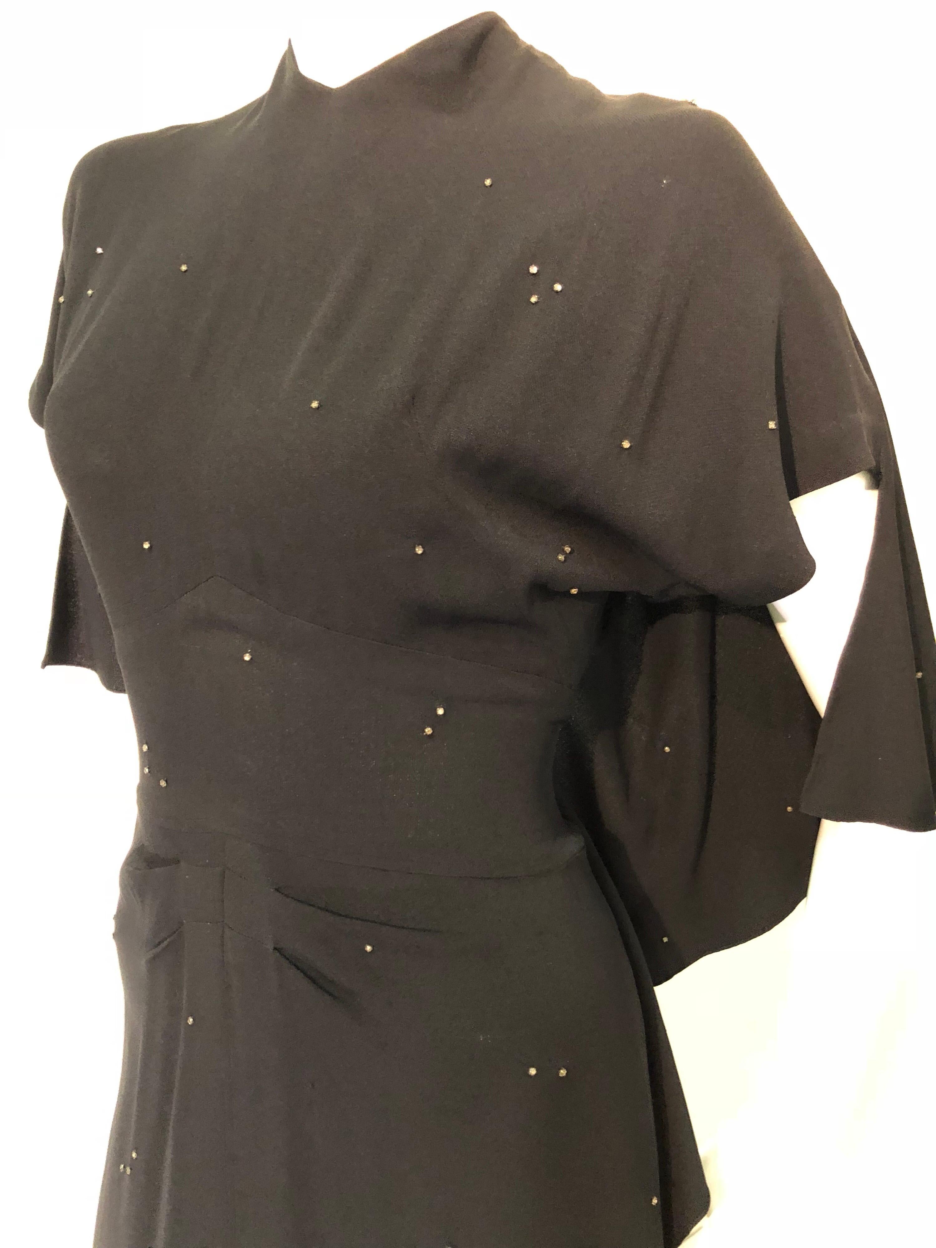 Gilbert Adrian Black Crepe Gown With Shoulder Drape / Back and Front Slit, 1940 For Sale 2