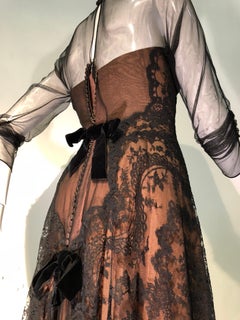 1950s Irene Tobacco Net Strapless Dress W/ Beautiful Chantilly Lace Over Dress