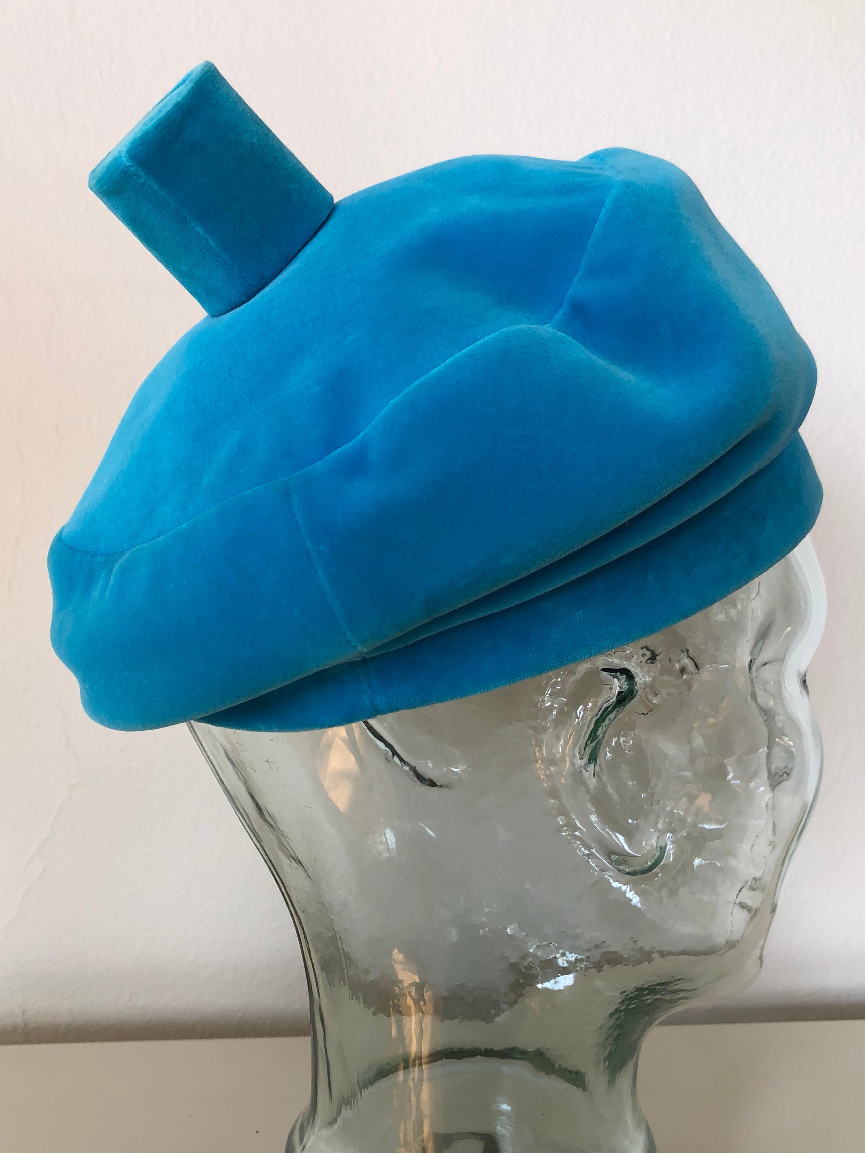 1960s Emme Turquoise Velveteen Banded Beret Hat W/ Structured Top Knob 3