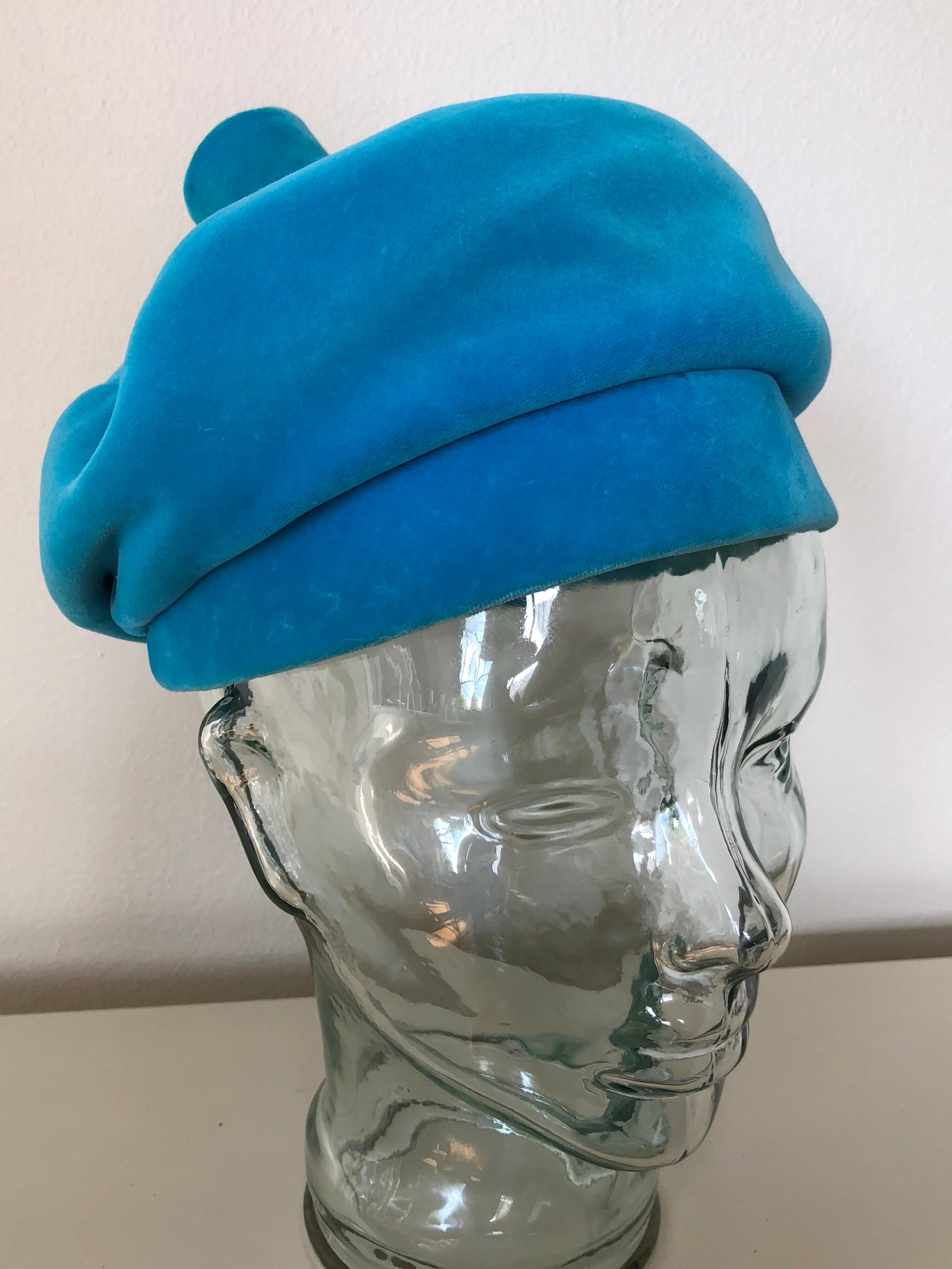 1960s Emme Turquoise Velveteen Banded Beret Hat W/ Structured Top Knob 4