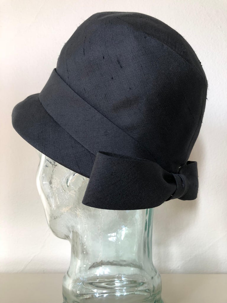 1960s Lilly Daché Mod Style Cloche Black Silk Hat W/ Back Bow at 1stDibs