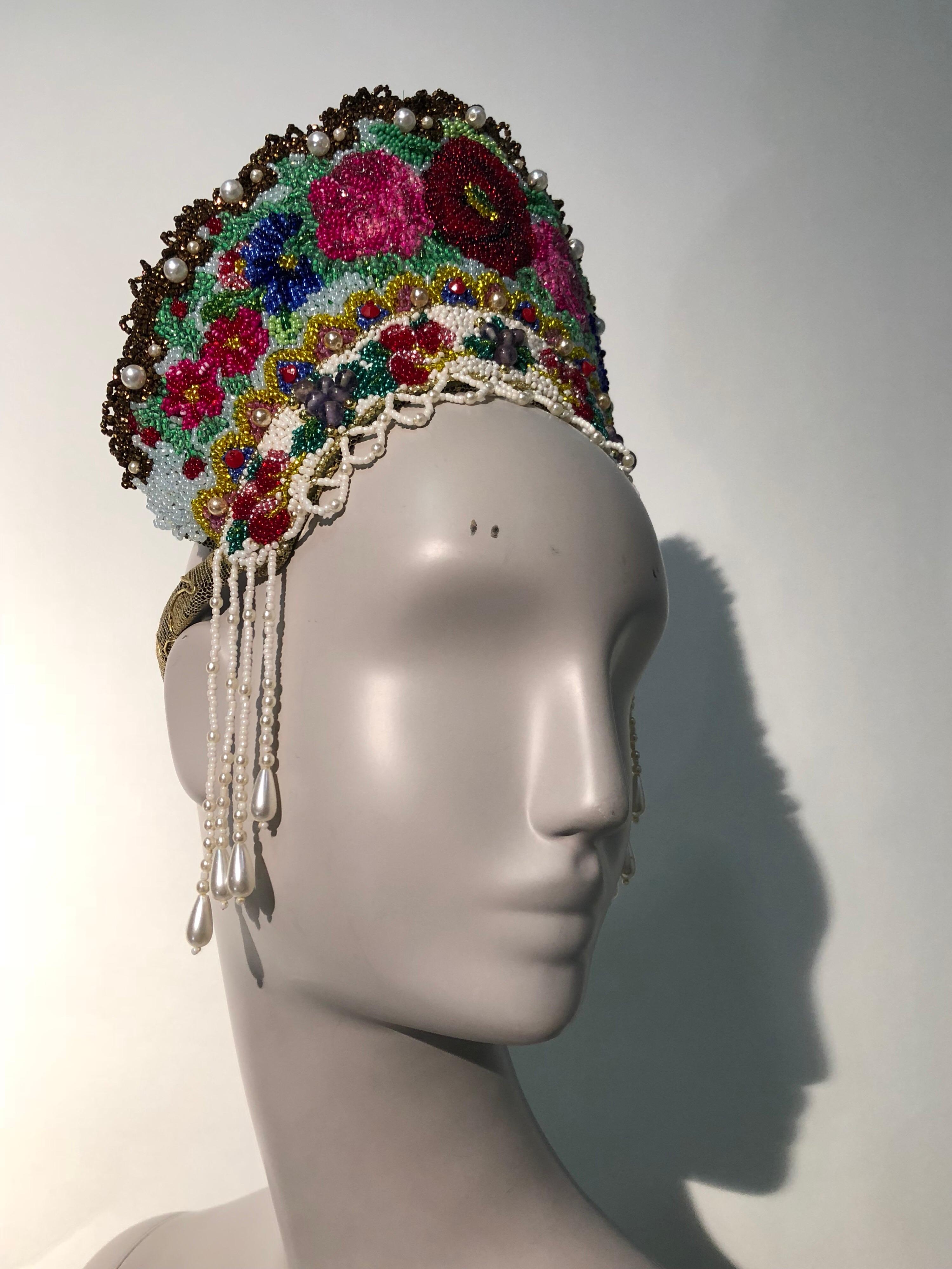 Torso Creations Russian Beaded Floral Mantilla Crown W/ Gold Lace Details 2
