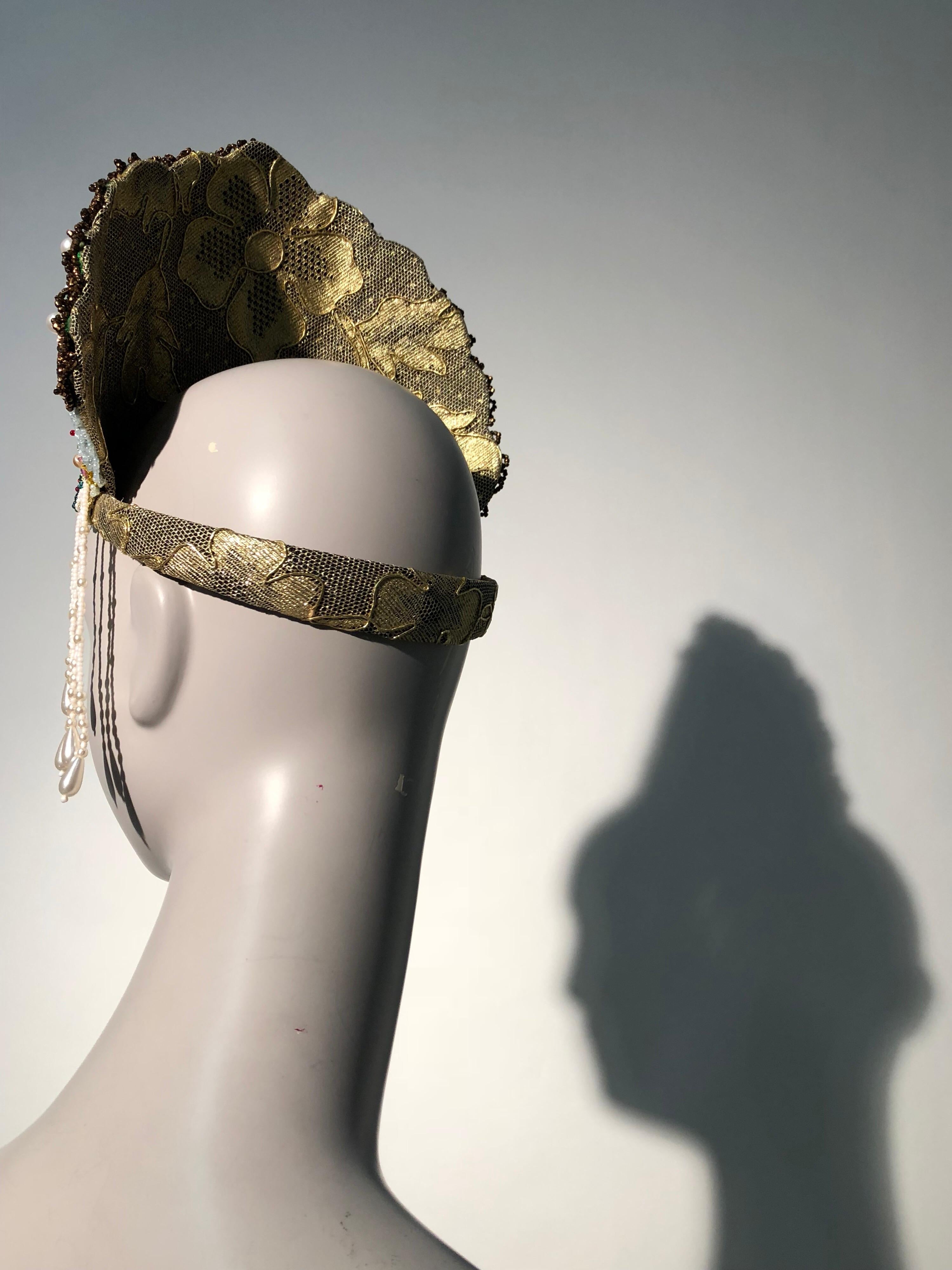 Women's Torso Creations Russian Beaded Floral Mantilla Crown W/ Gold Lace Details