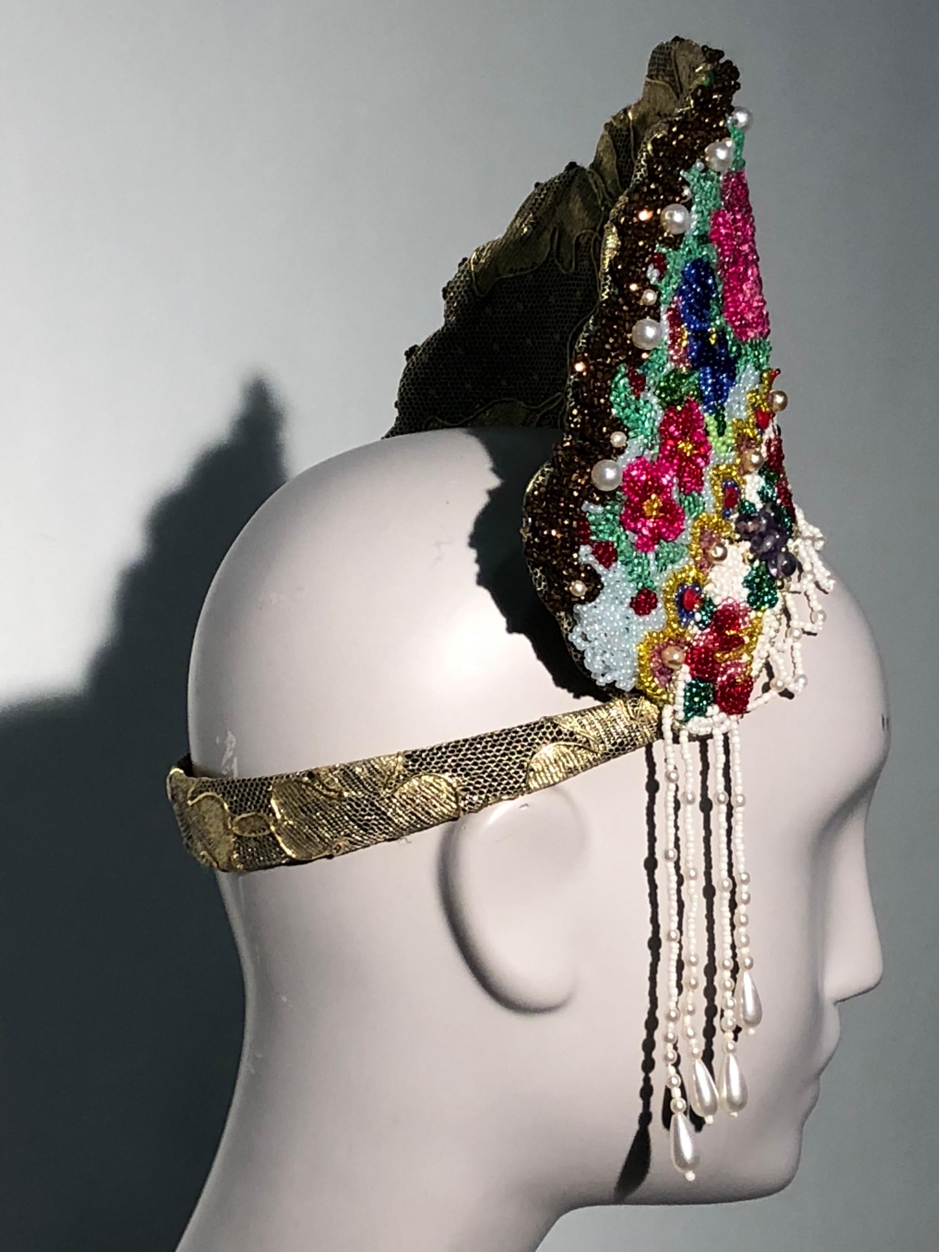Torso Creations Russian Beaded Floral Mantilla Crown W/ Gold Lace Details 5