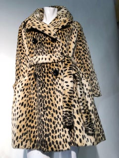 1960s Safari Faux Cheetah Fur Double-Breasted Trench-Style Coat W/ Belt