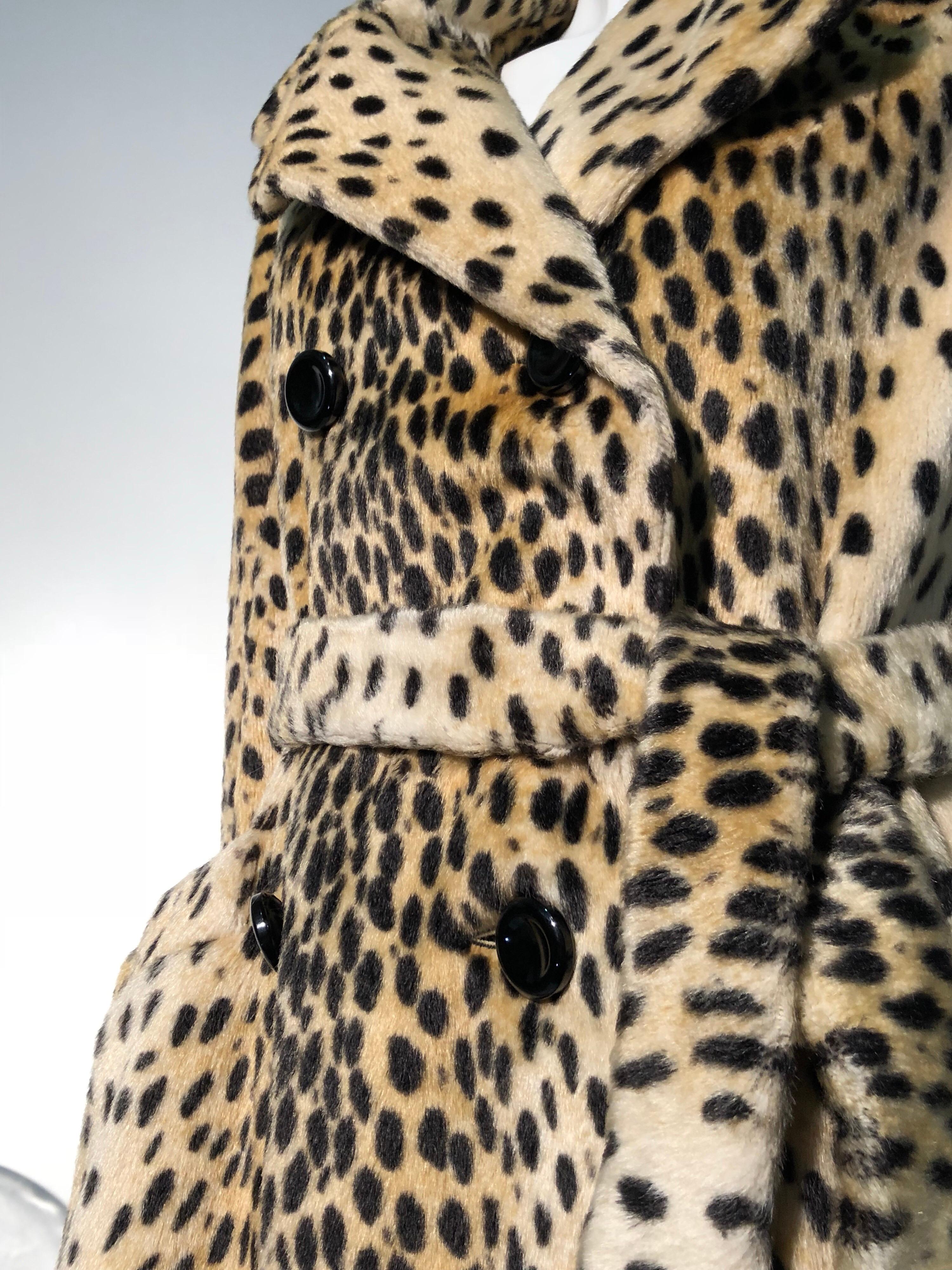 Brown 1960s Safari Faux Cheetah Fur Double-Breasted Trench-Style Coat W/ Belt