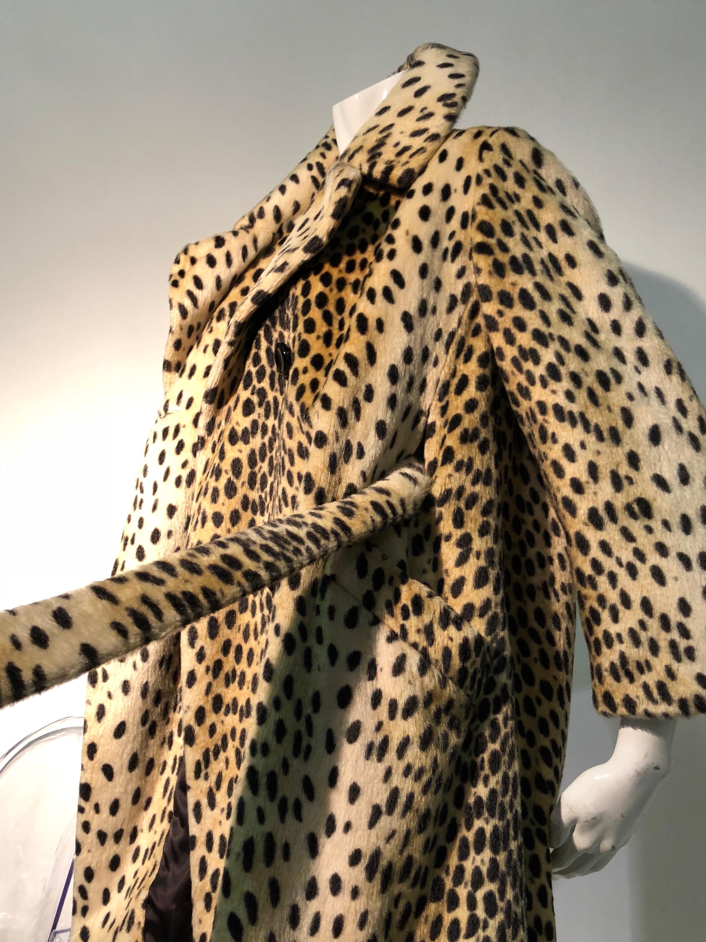 1960s Safari Faux Cheetah Fur Double-Breasted Trench-Style Coat W/ Belt 1