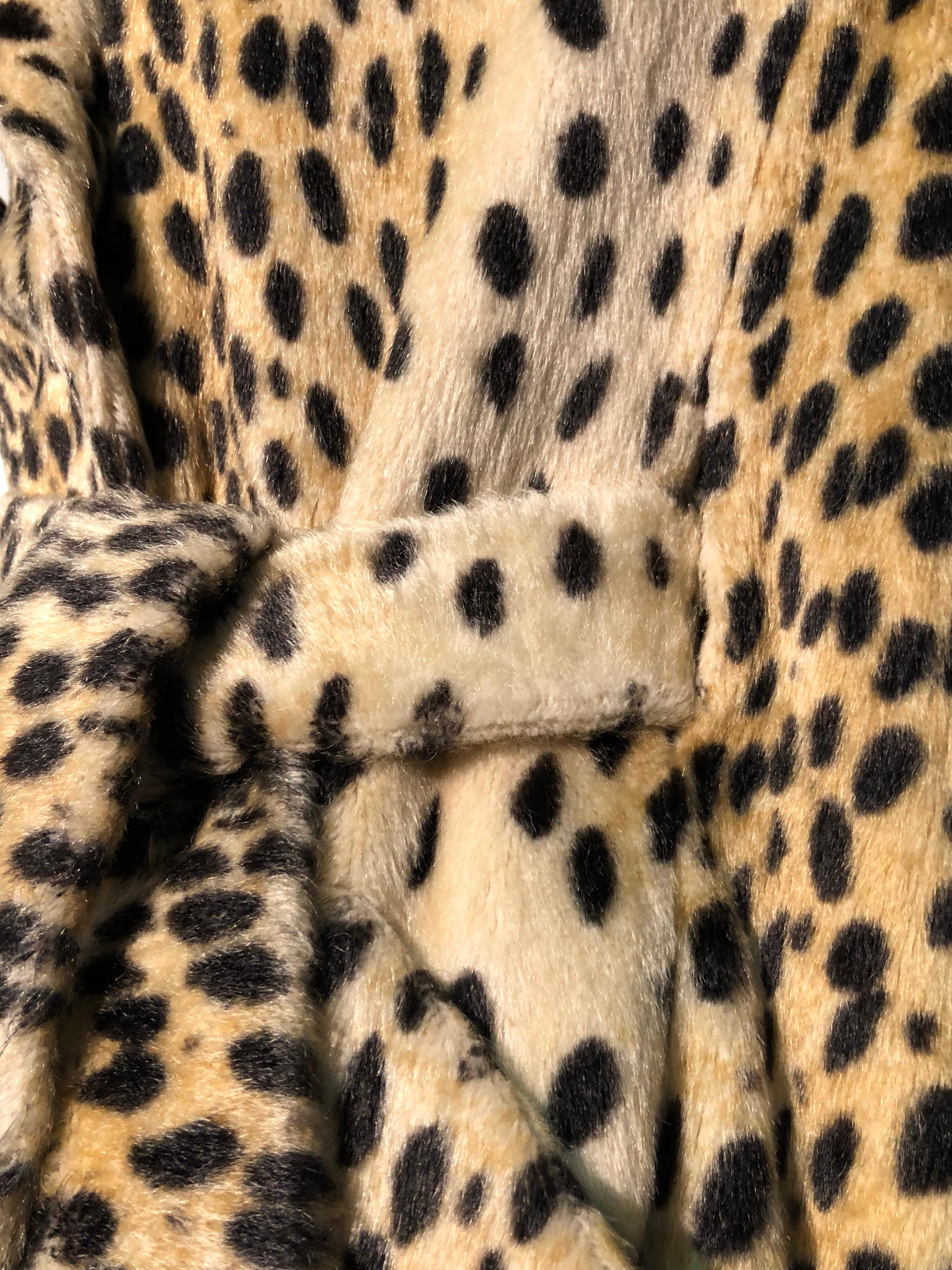 1960s Safari Faux Cheetah Fur Double-Breasted Trench-Style Coat W/ Belt 2