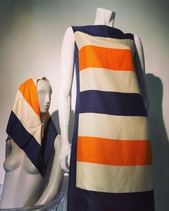 1960s Teal Traina Silk Color Block Mod Shift Dress W/ Head Wrap