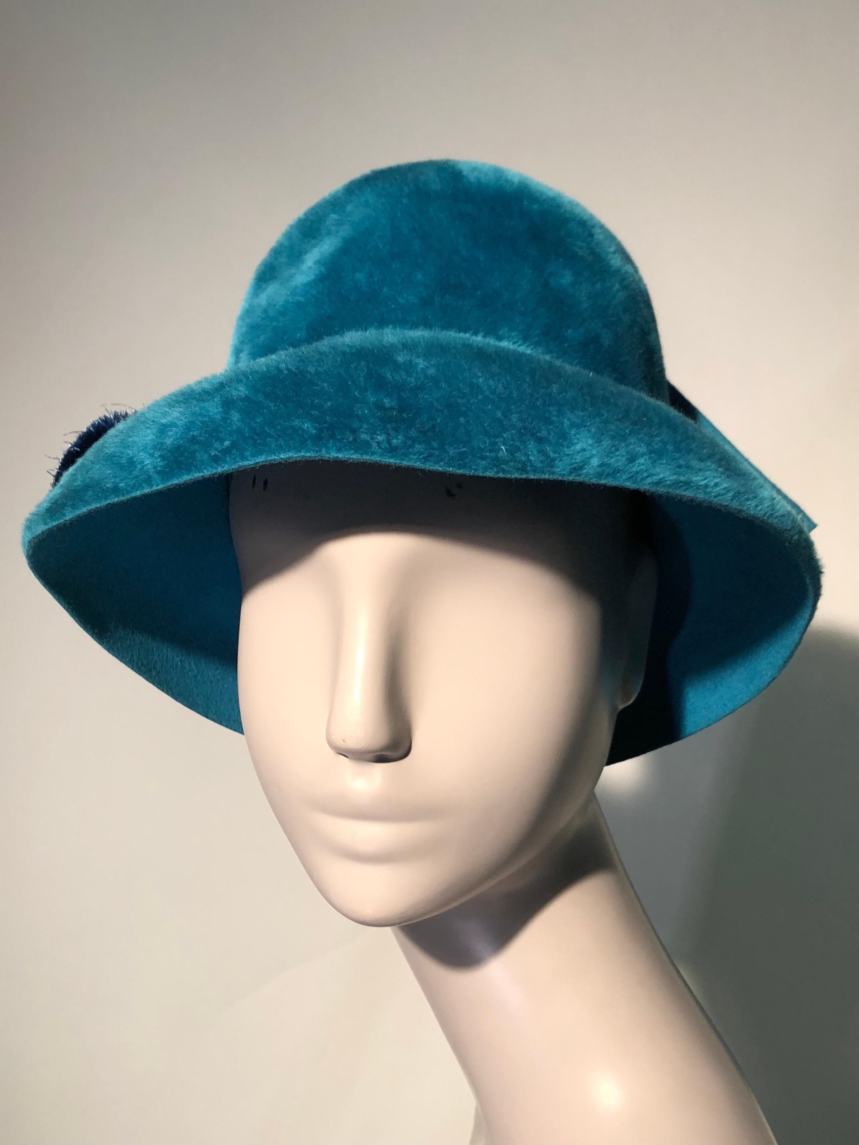 Blue 1960s Adolfo Turquoise Fur Felt Mod Hat W/ Pom Pom