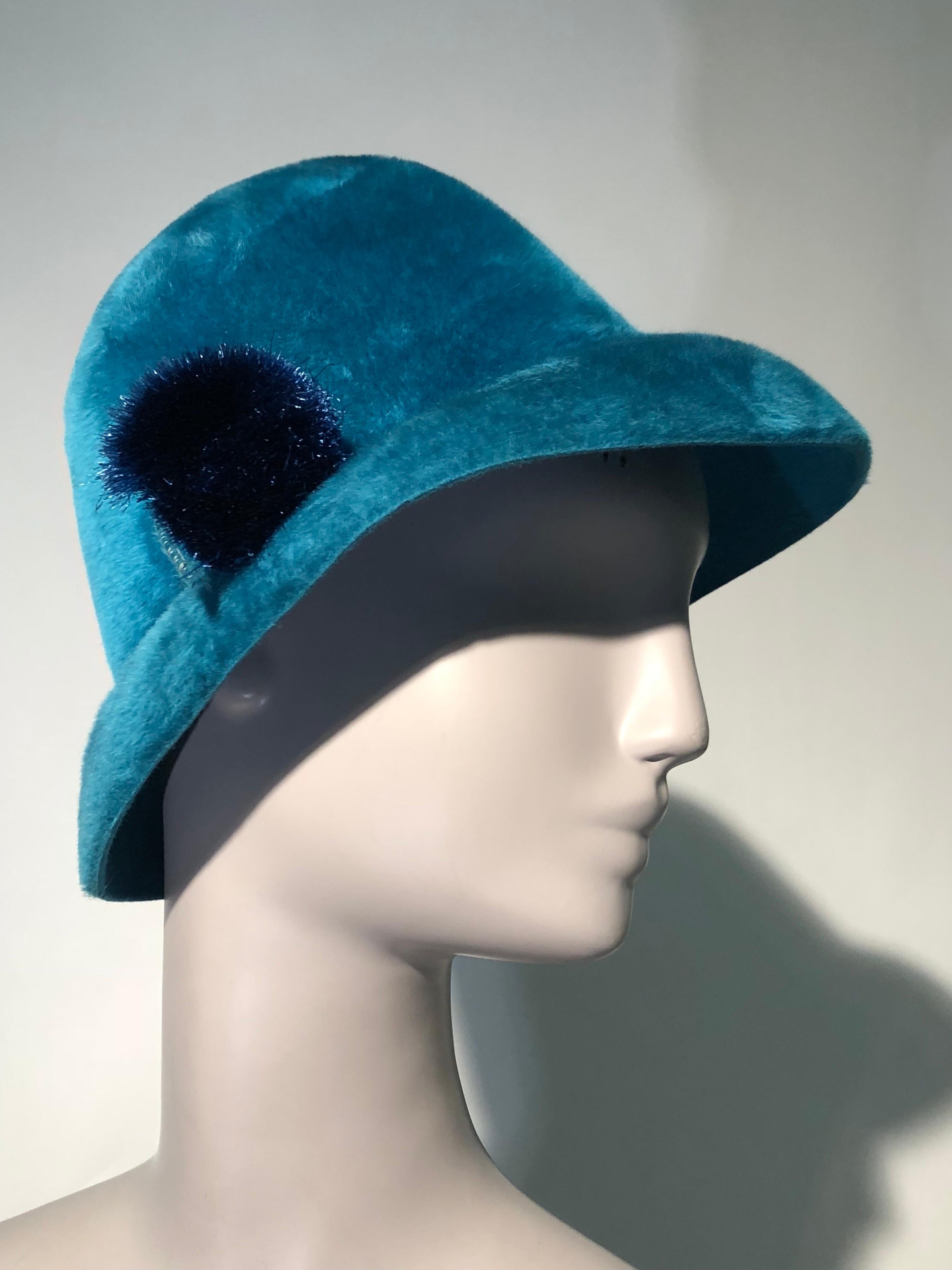 Women's 1960s Adolfo Turquoise Fur Felt Mod Hat W/ Pom Pom