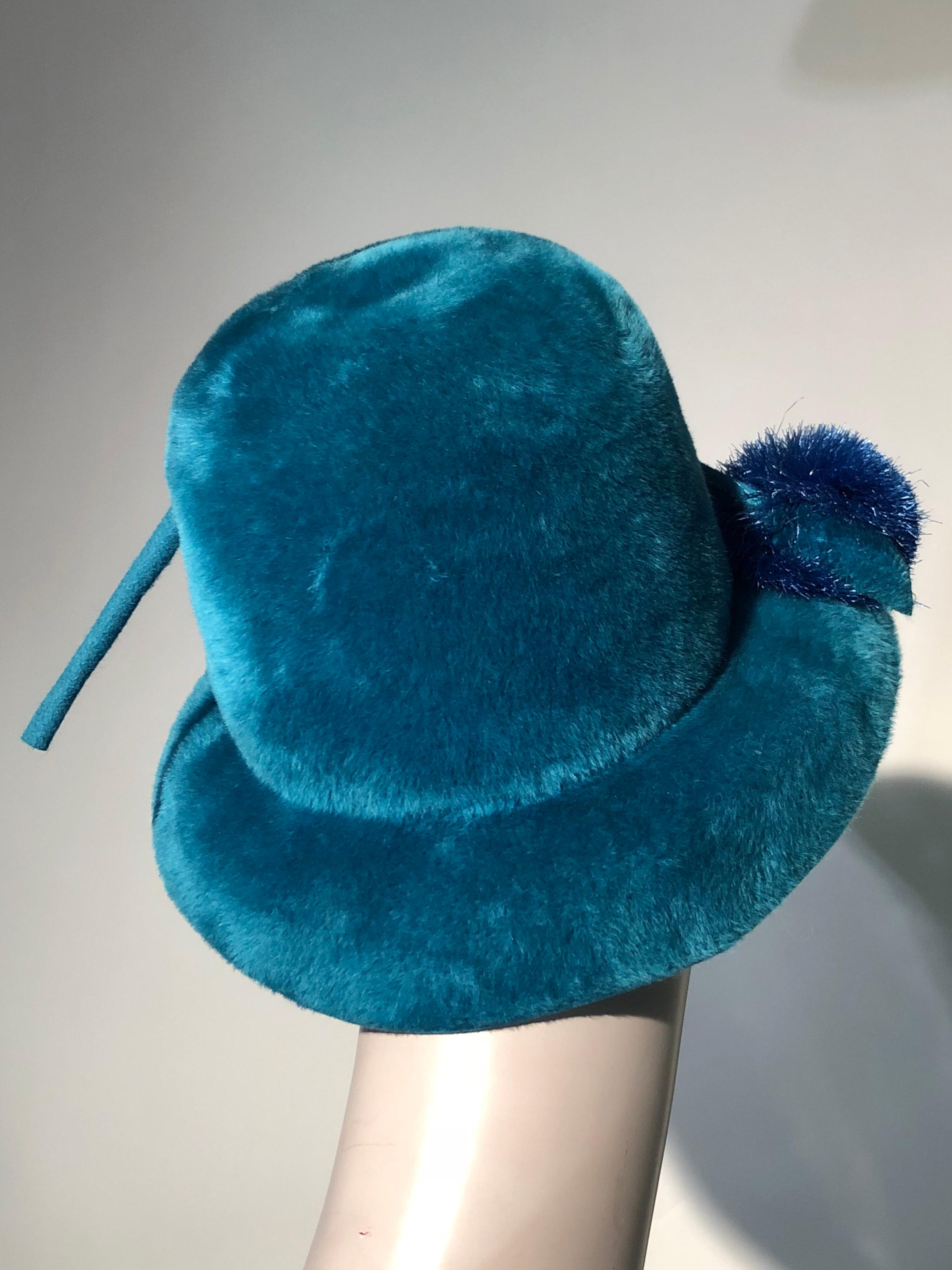 1960s Adolfo Turquoise Fur Felt Mod Hat W/ Pom Pom 1