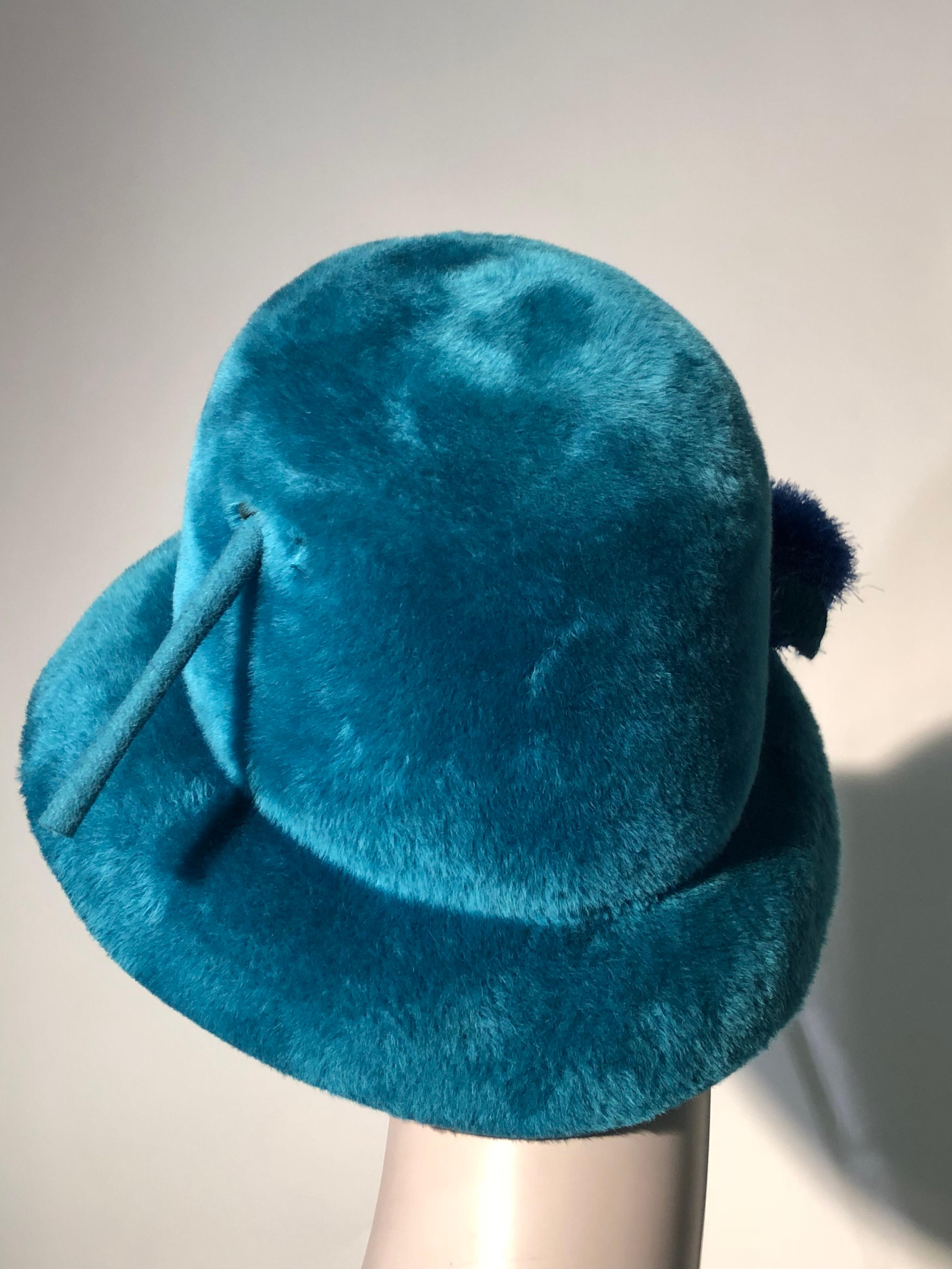 1960s Adolfo Turquoise Fur Felt Mod Hat W/ Pom Pom 2