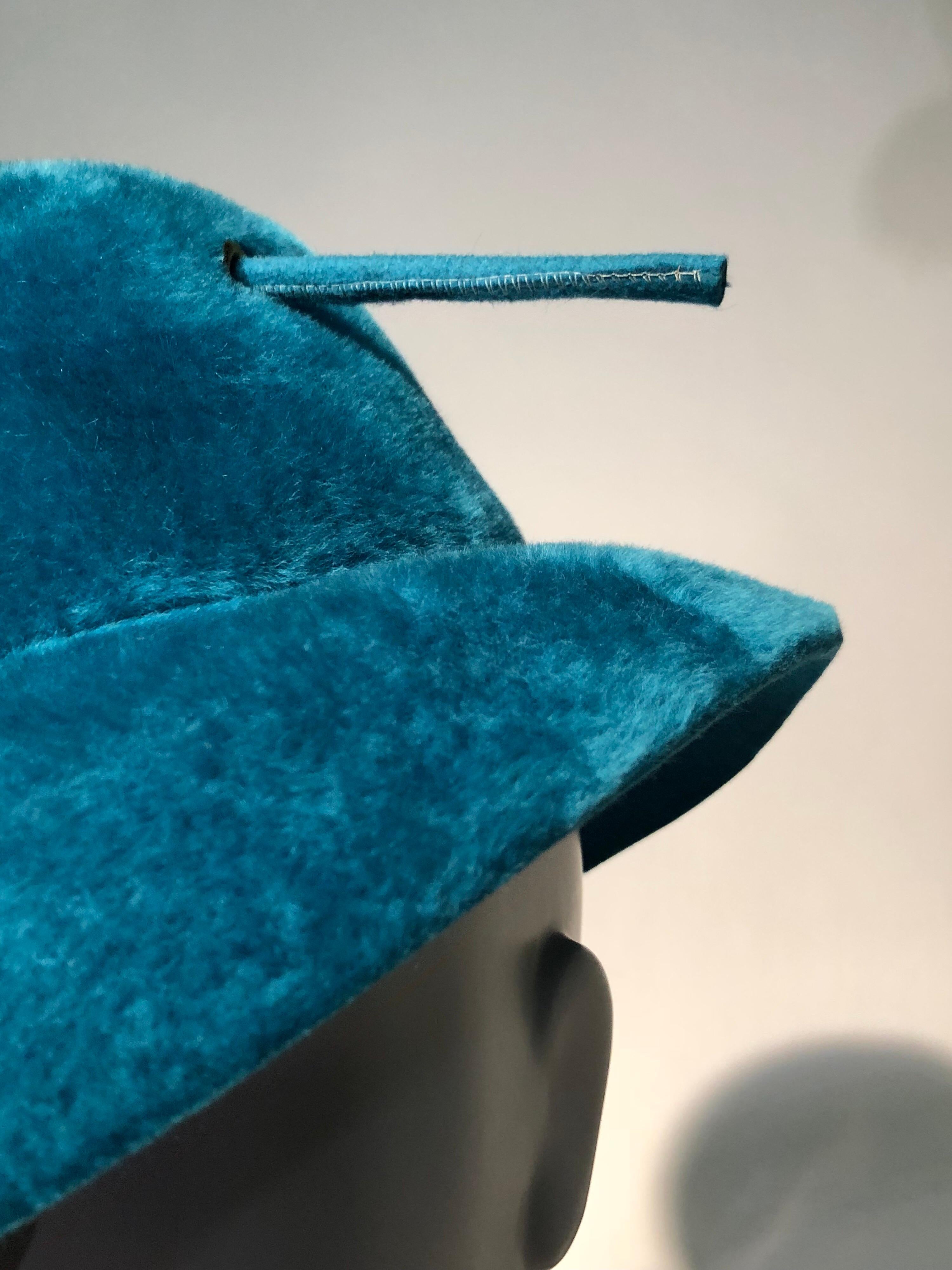 1960s Adolfo Turquoise Fur Felt Mod Hat W/ Pom Pom 4