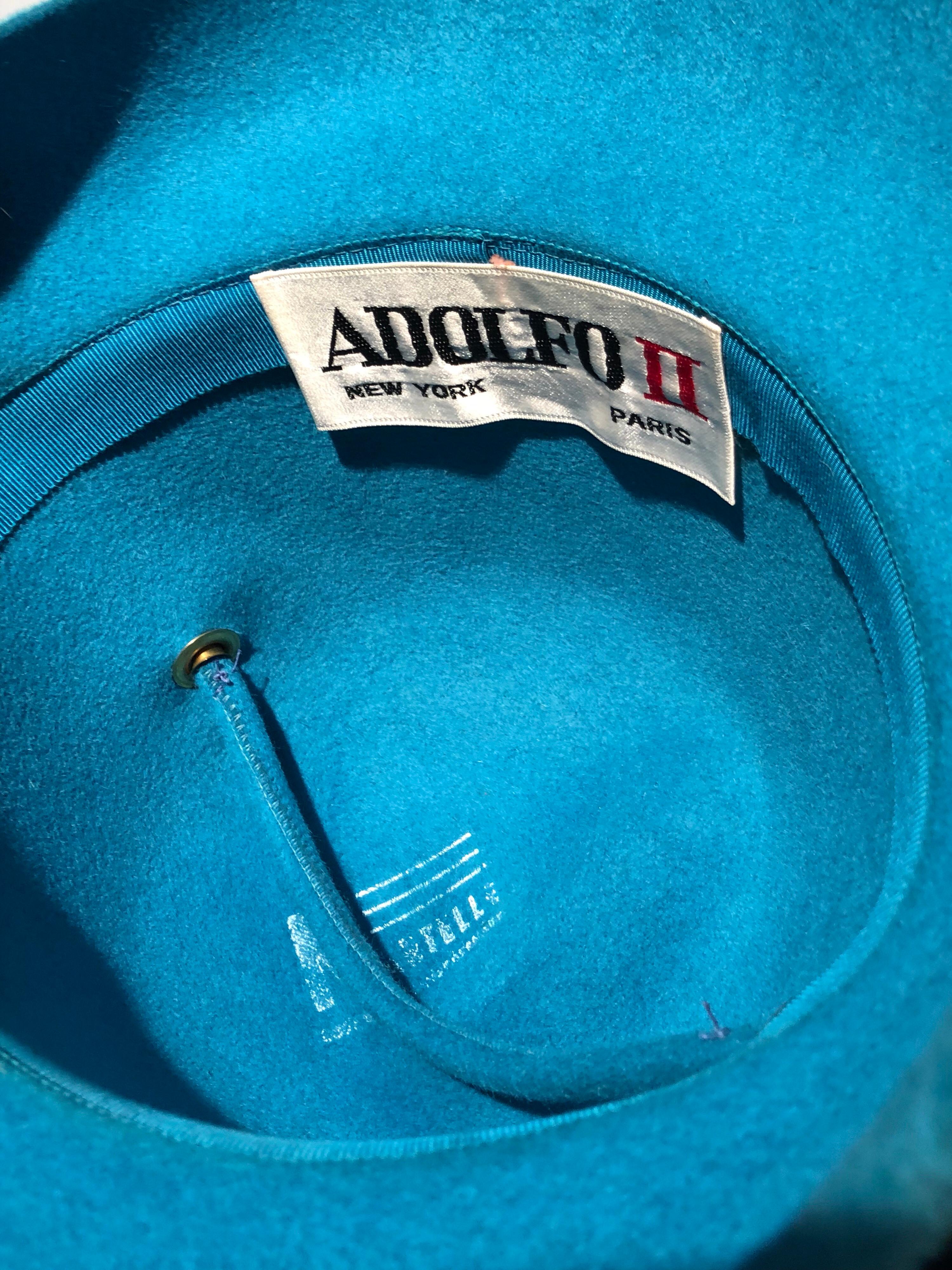 1960s Adolfo Turquoise Fur Felt Mod Hat W/ Pom Pom 5