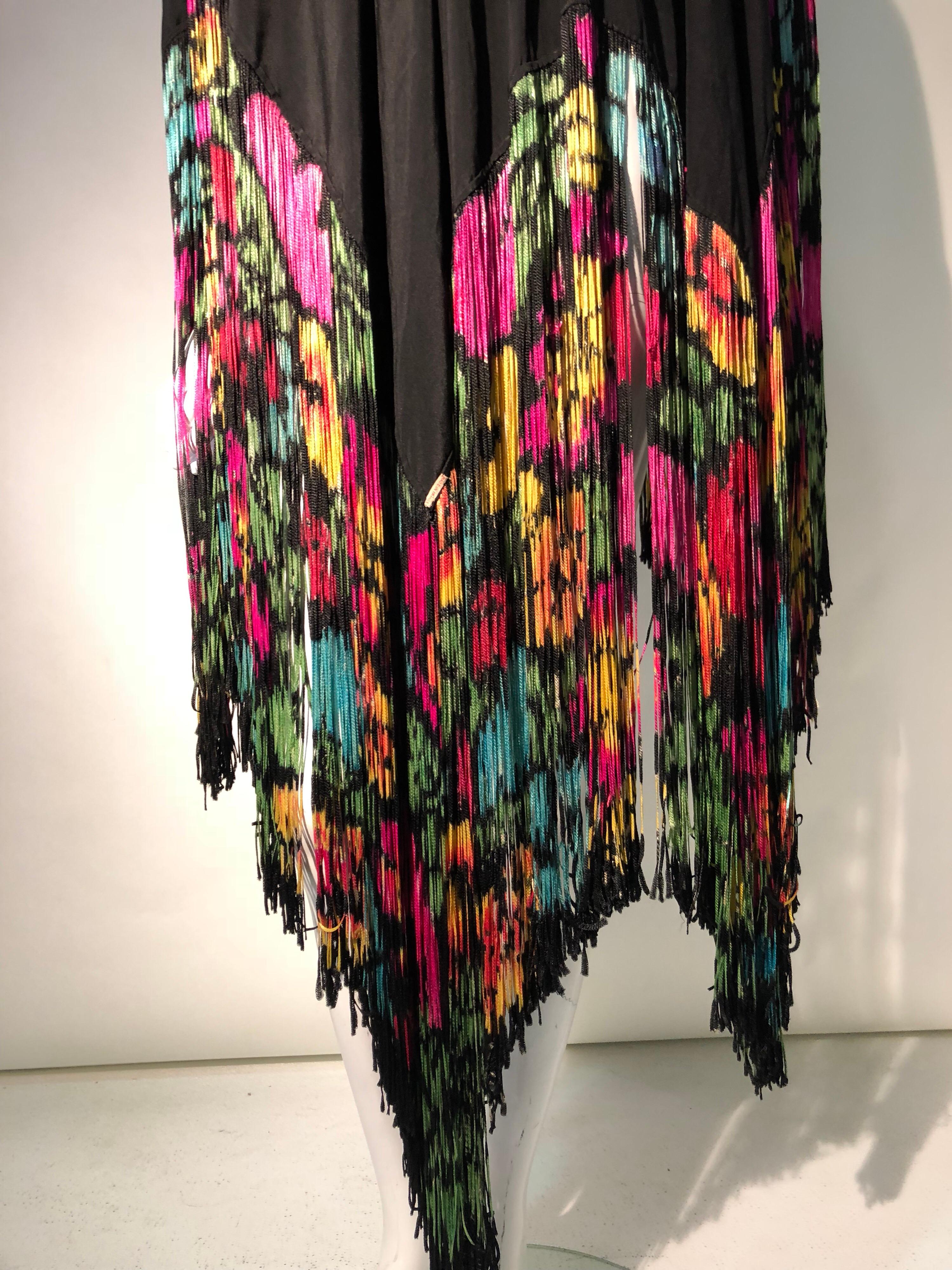 Black 1920s Hand Painted Silk Art Deco Fringed Shawl Made In France