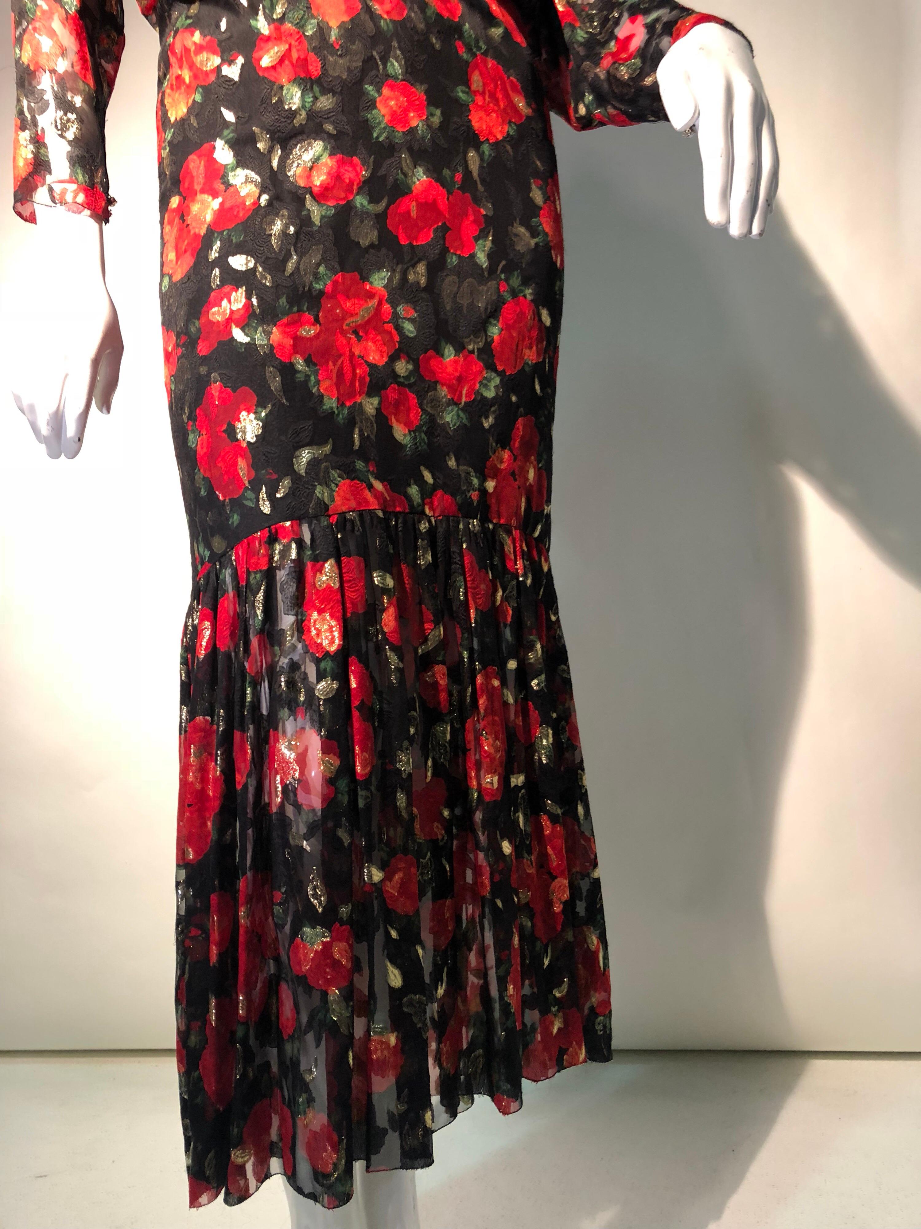 Black Sonia Rykiel Silk Chiffon floral Print Lame Dress W/ Low Back & Flounced Hemline