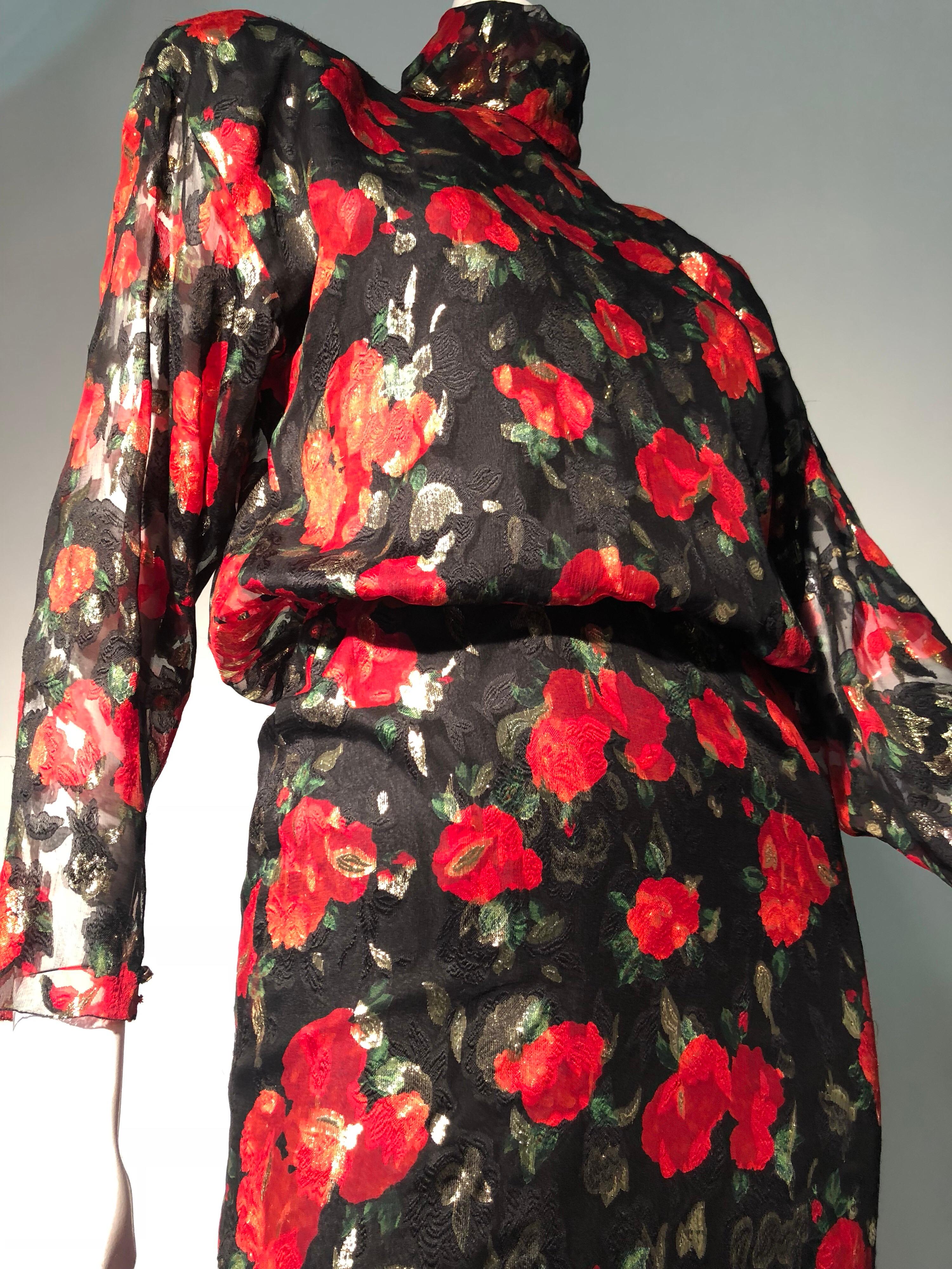 Women's Sonia Rykiel Silk Chiffon floral Print Lame Dress W/ Low Back & Flounced Hemline