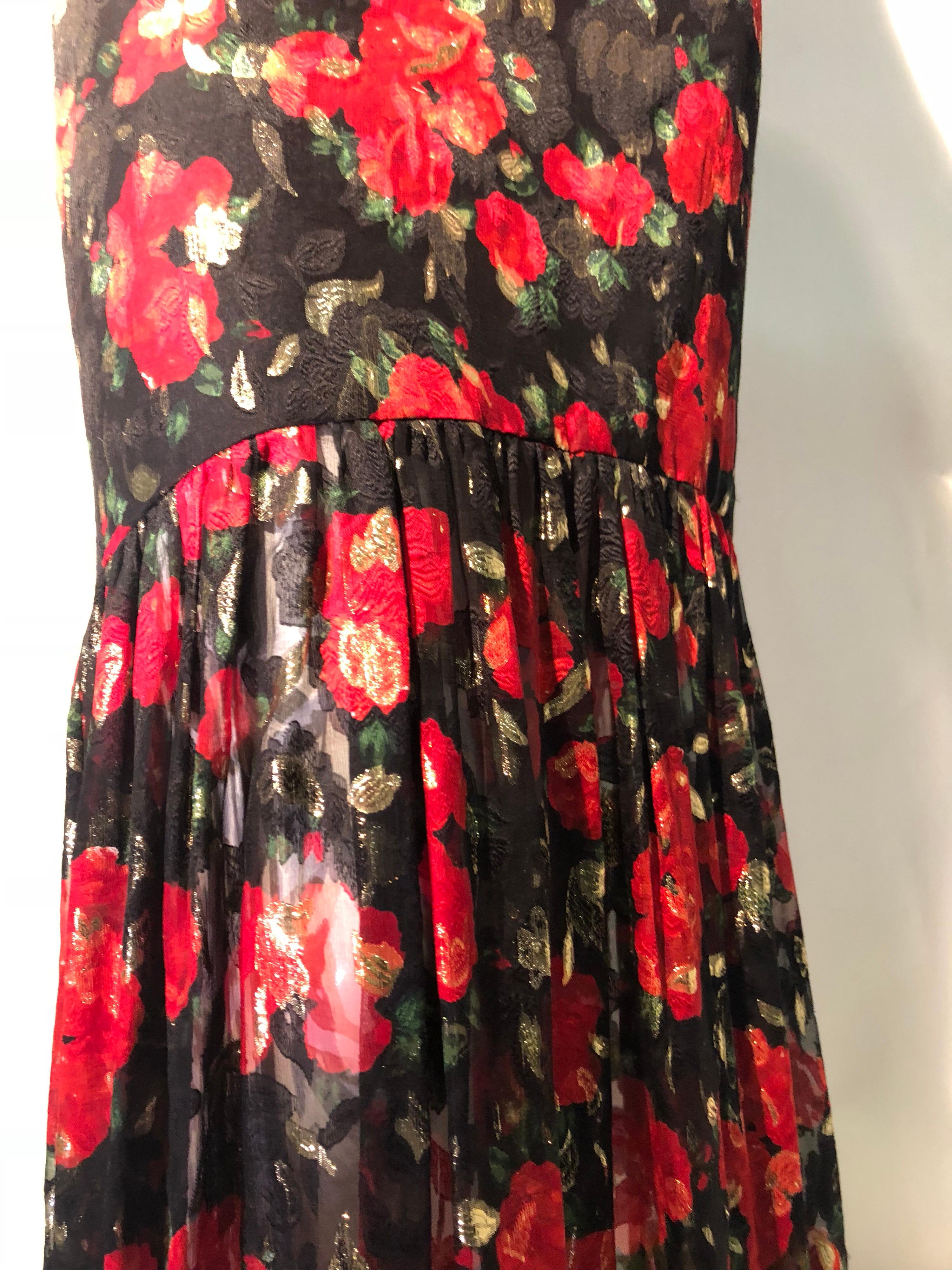 Sonia Rykiel Silk Chiffon floral Print Lame Dress W/ Low Back & Flounced Hemline 1
