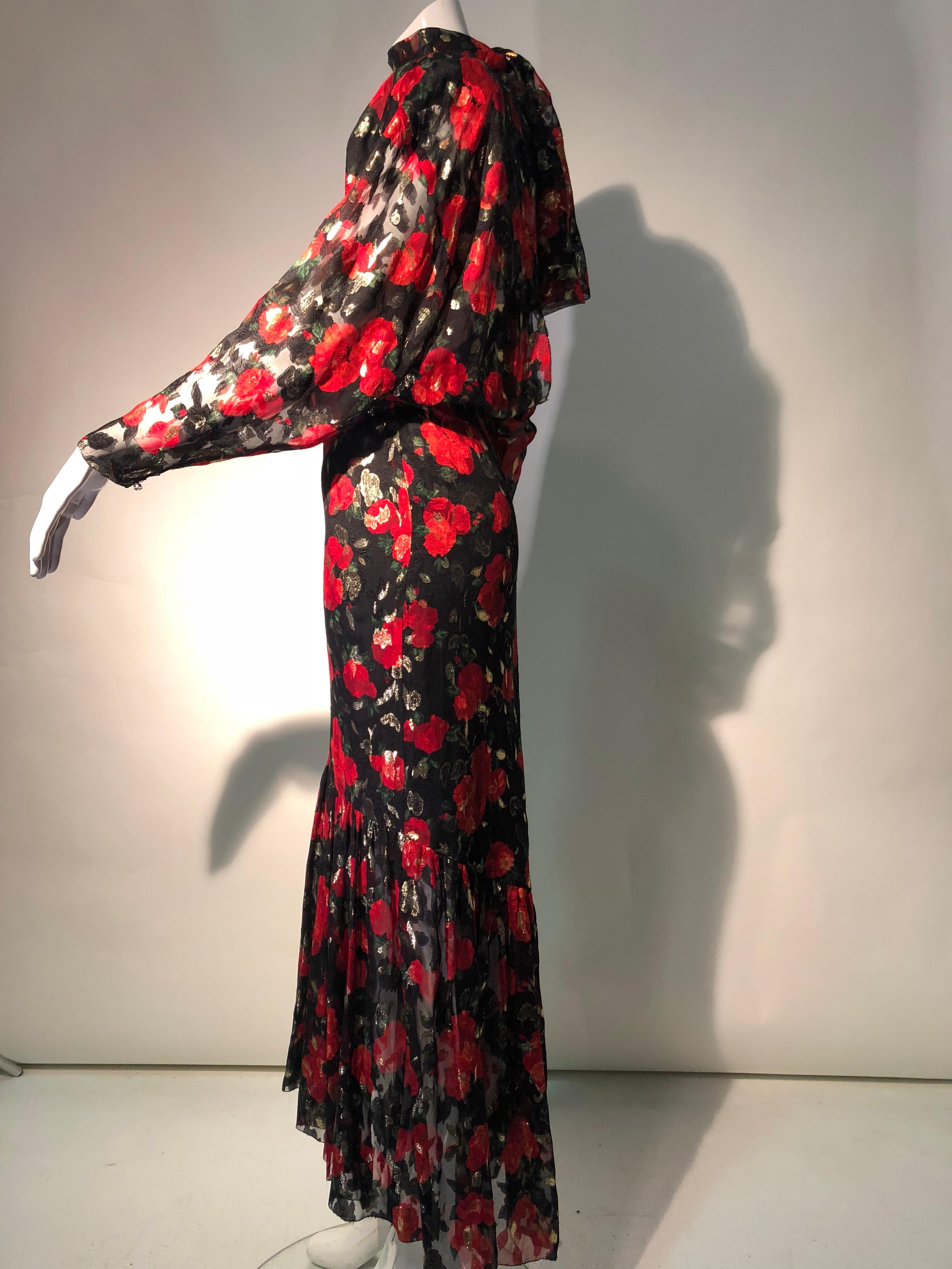 Sonia Rykiel Silk Chiffon floral Print Lame Dress W/ Low Back & Flounced Hemline 2