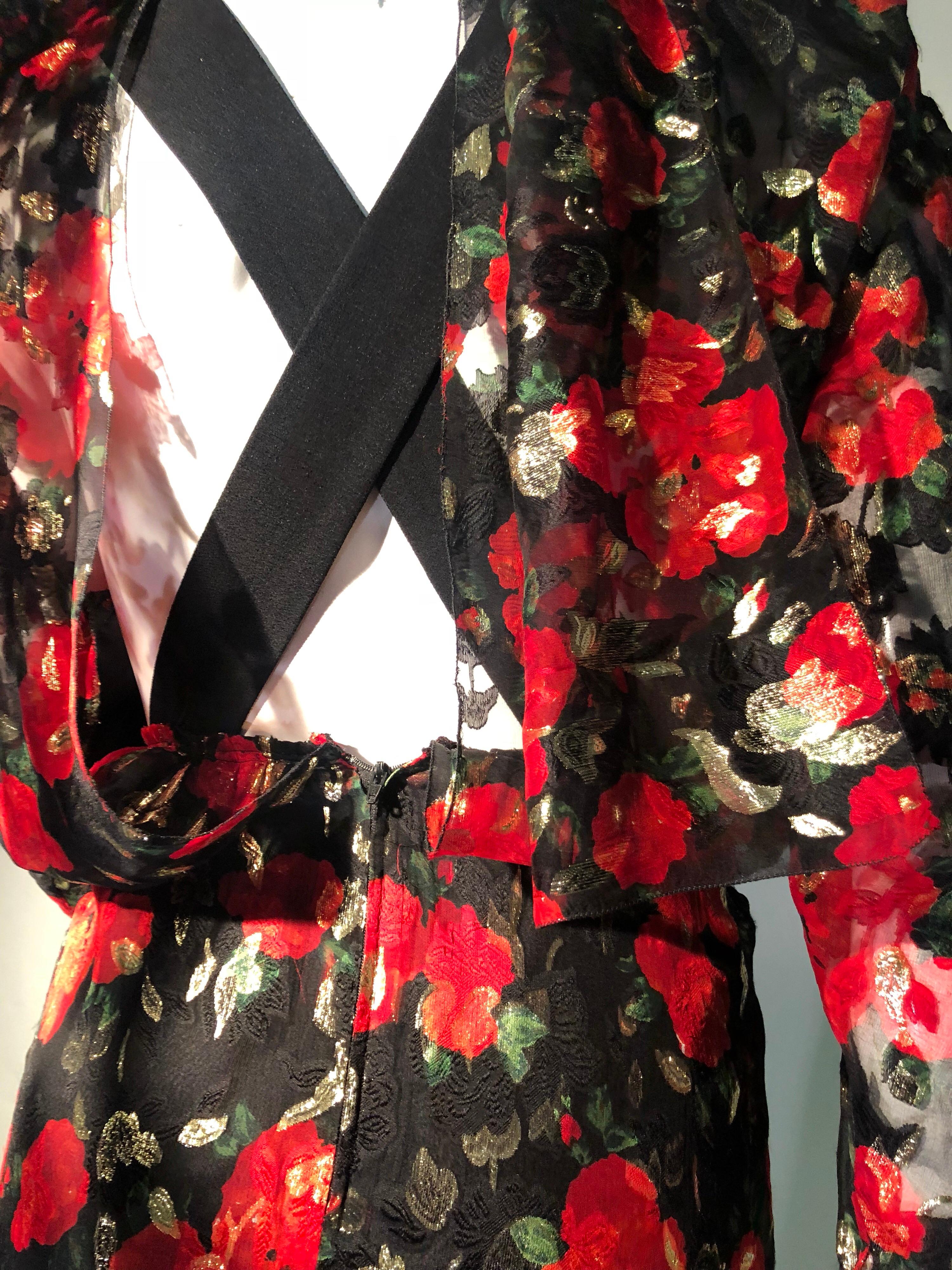 Sonia Rykiel Silk Chiffon floral Print Lame Dress W/ Low Back & Flounced Hemline 4