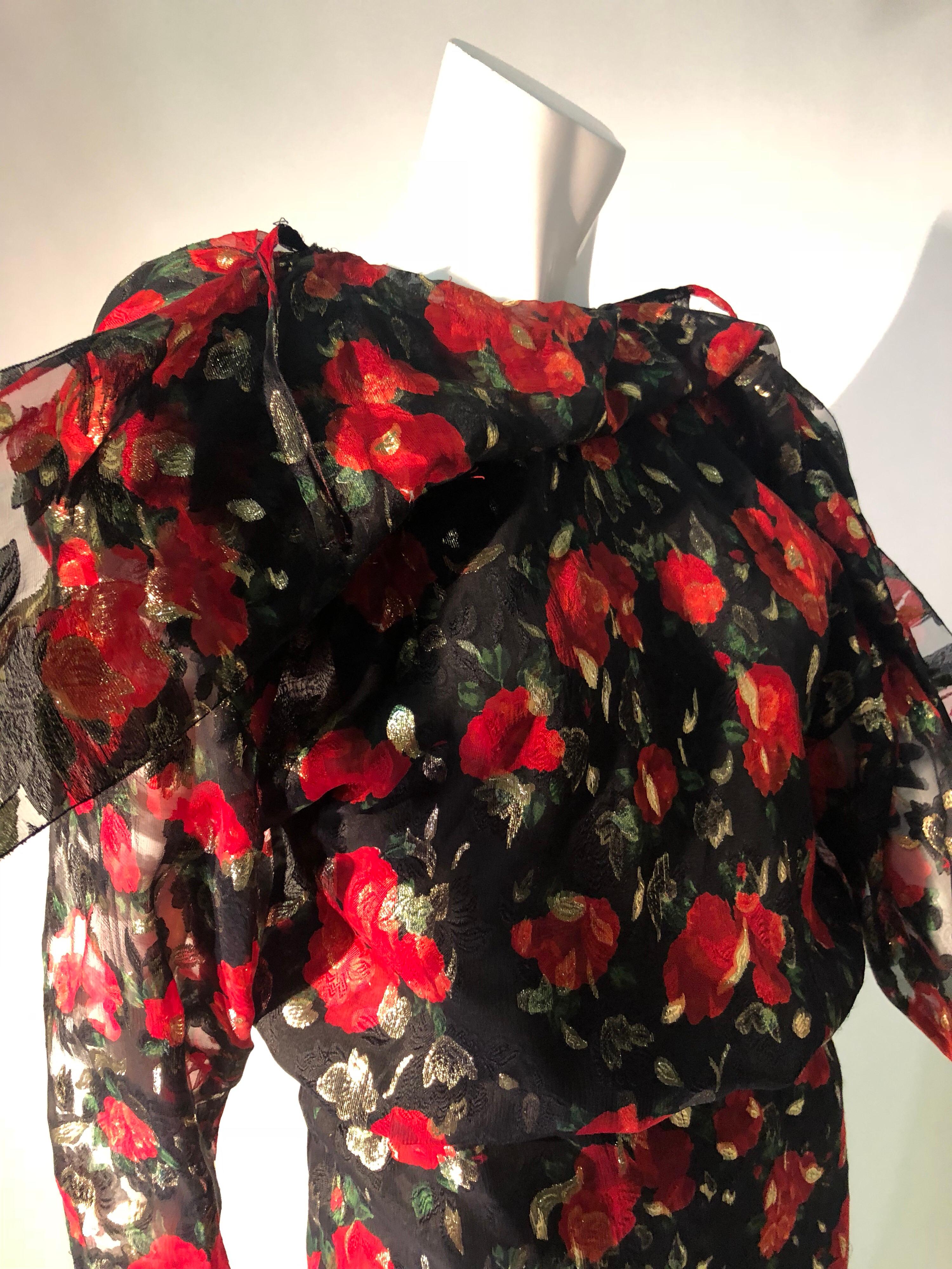Sonia Rykiel Silk Chiffon floral Print Lame Dress W/ Low Back & Flounced Hemline 5