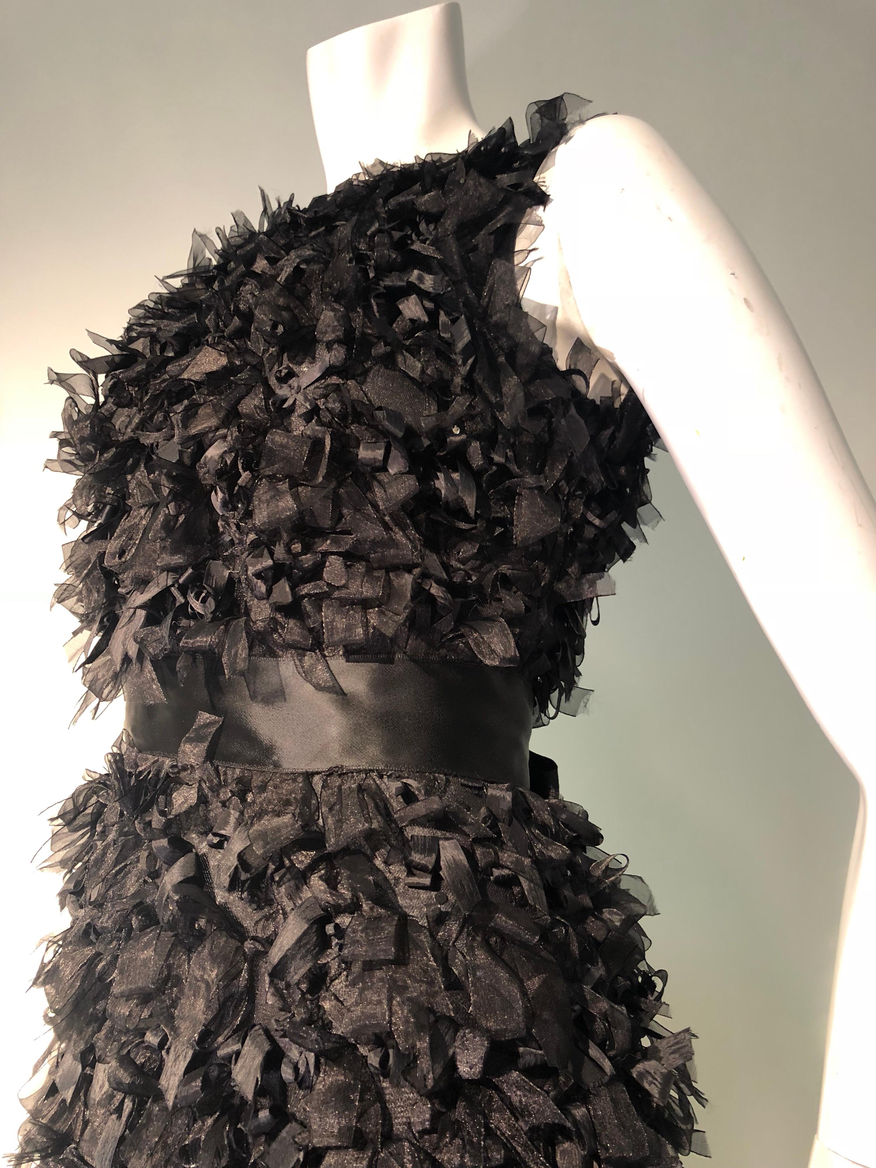Women's Oscar De La Renta Black Silk Confetti Ribbon & Sequin Column Gown W/ Open Back 