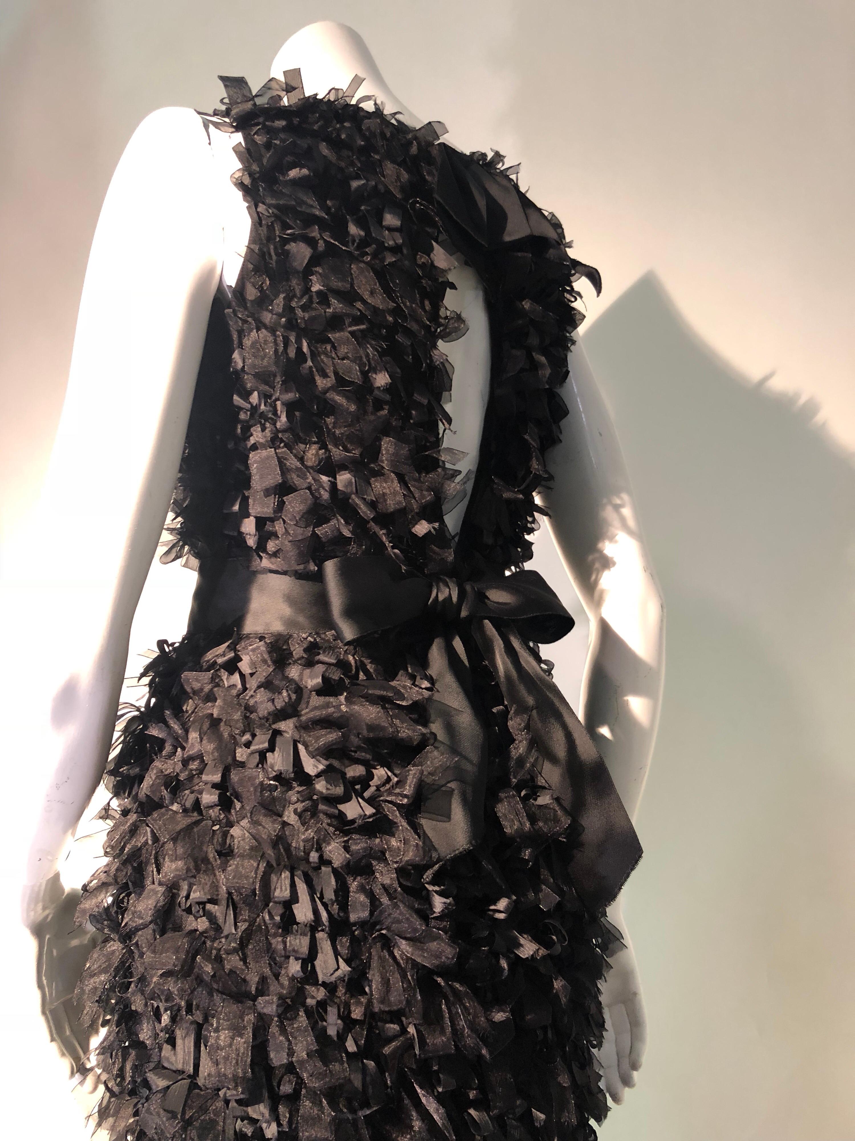 Oscar De La Renta Black Silk Confetti Ribbon & Sequin Column Gown W/ Open Back  1