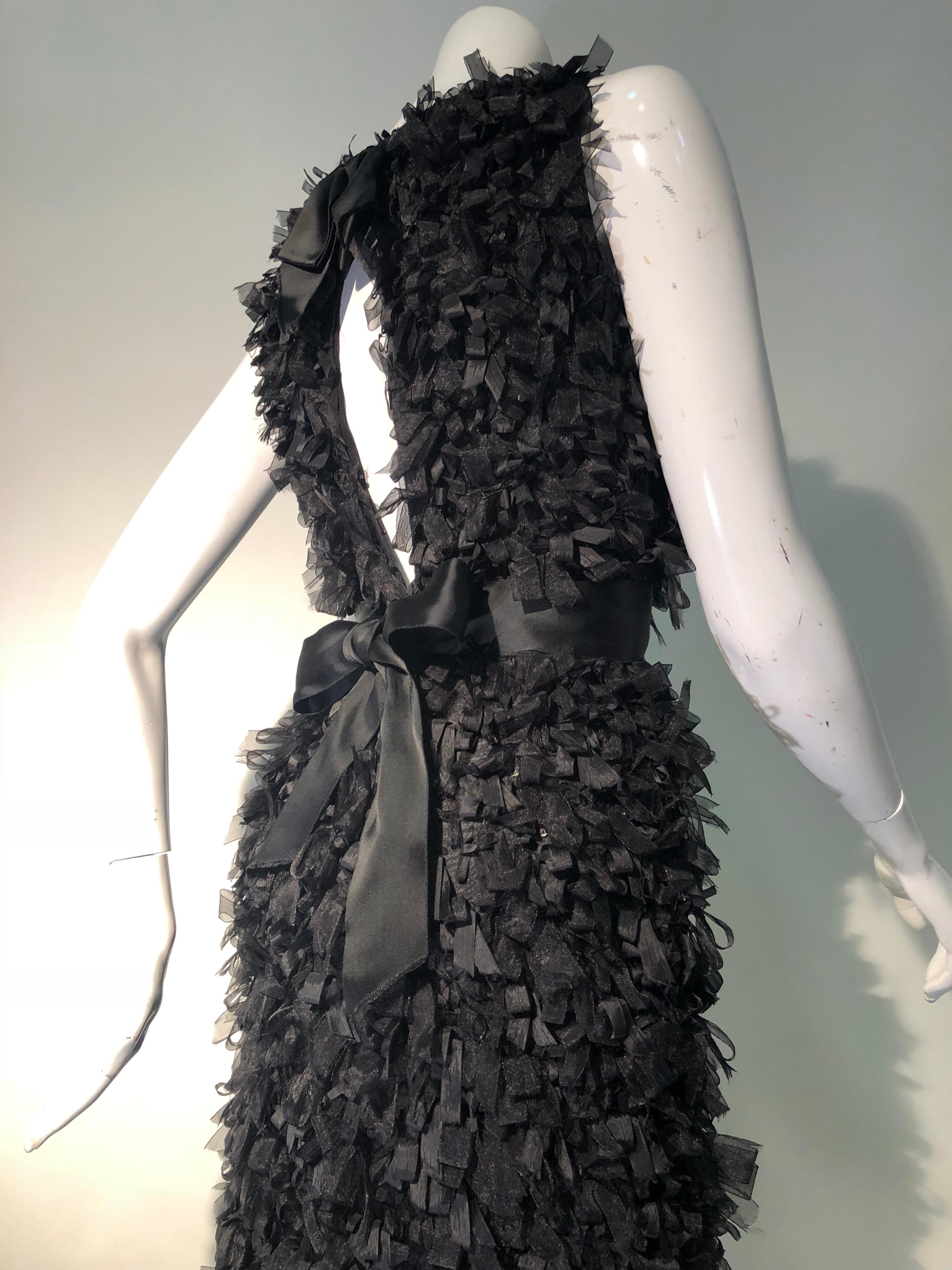 Oscar De La Renta Black Silk Confetti Ribbon & Sequin Column Gown W/ Open Back  4
