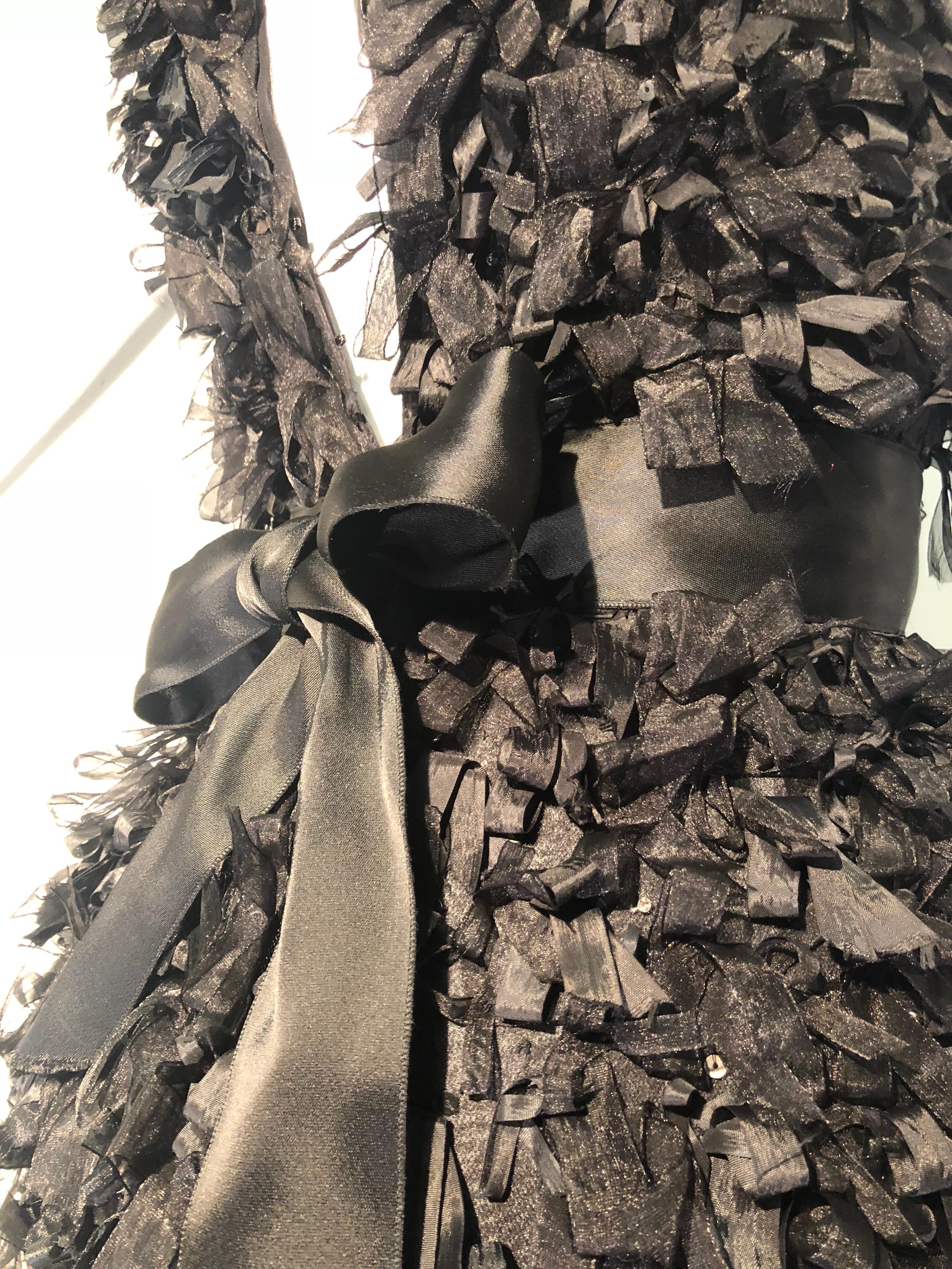 Oscar De La Renta Black Silk Confetti Ribbon & Sequin Column Gown W/ Open Back  5