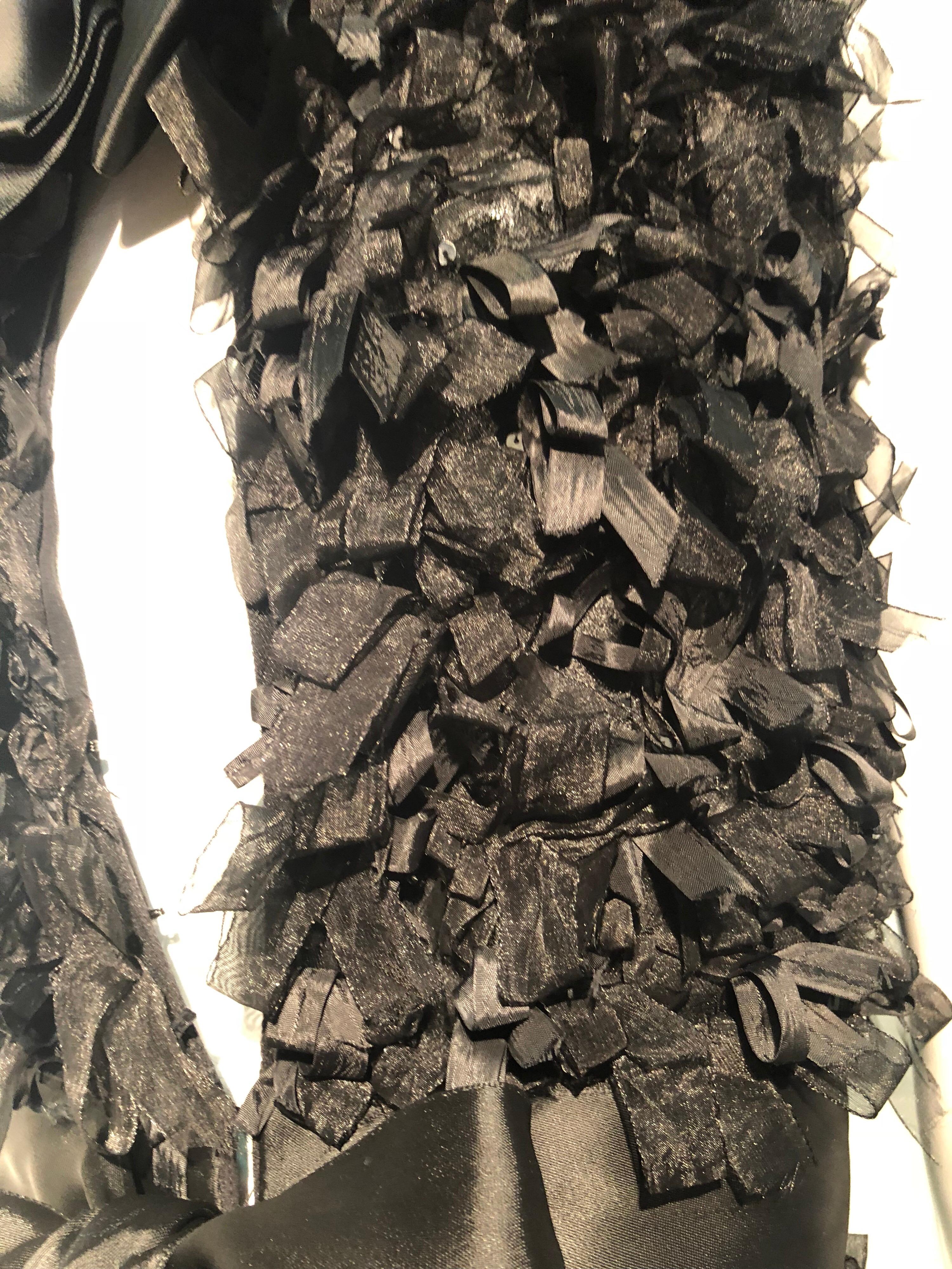 Oscar De La Renta Black Silk Confetti Ribbon & Sequin Column Gown W/ Open Back  6