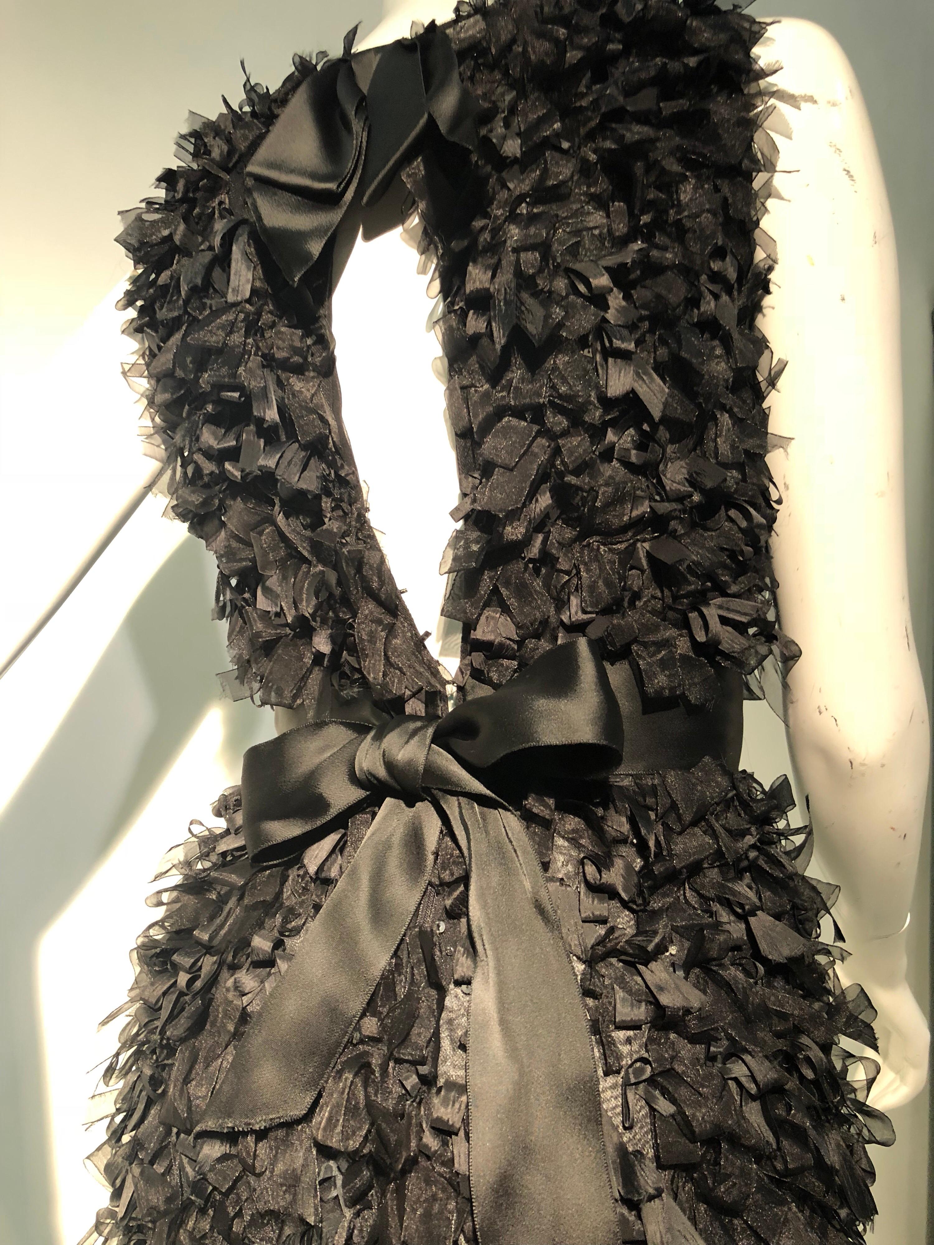 Oscar De La Renta Black Silk Confetti Ribbon & Sequin Column Gown W/ Open Back  7